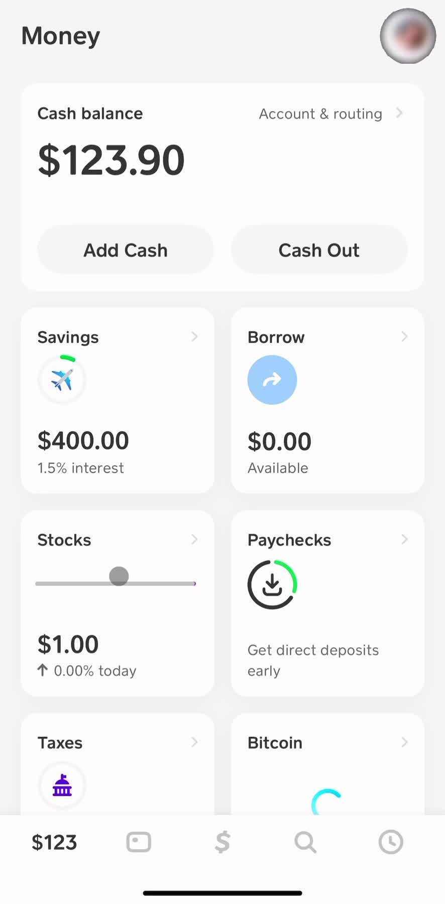 Cash App Home screen in the Logging Out flow