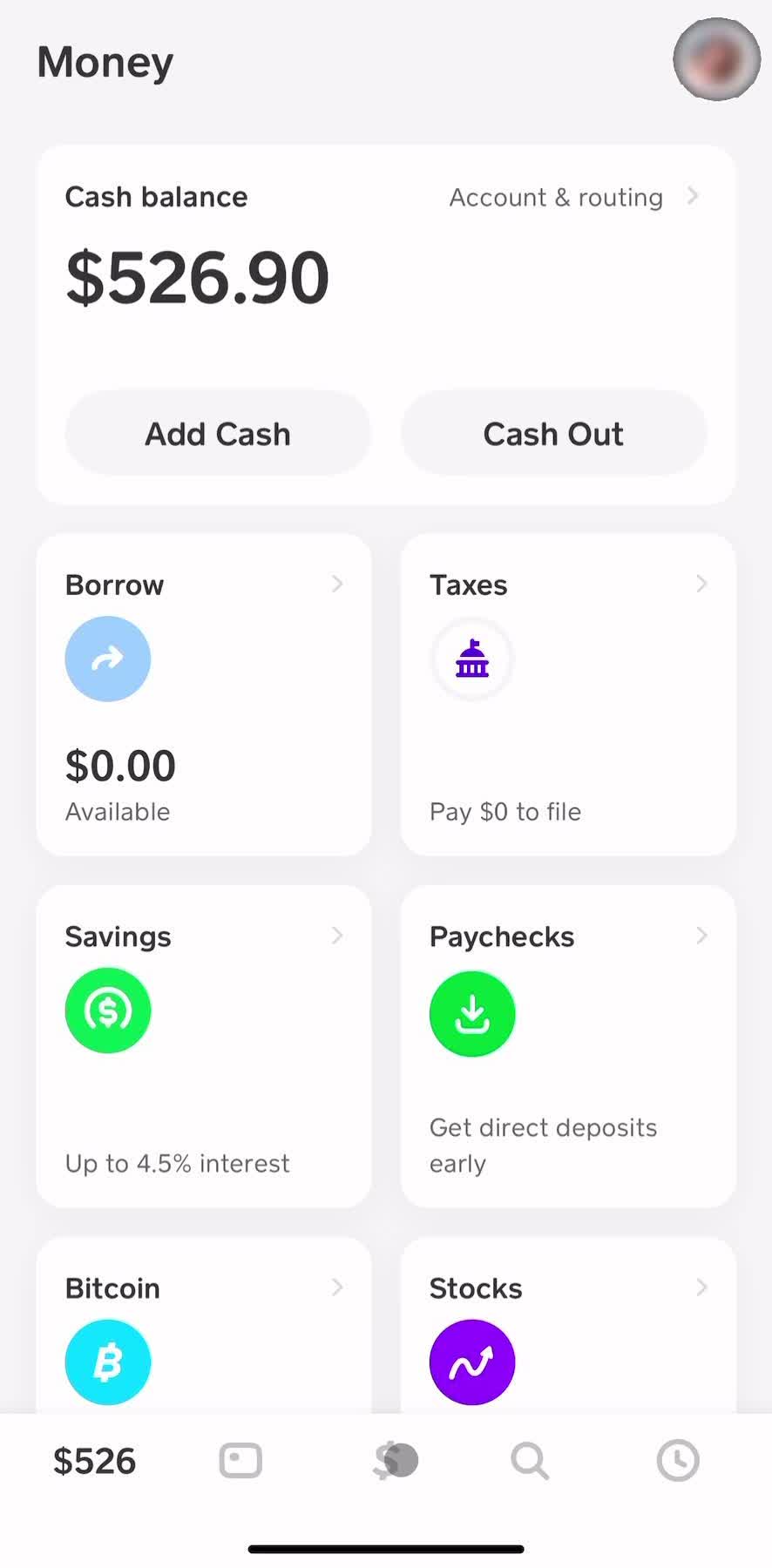Cash App Home screen in the Requesting Money flow