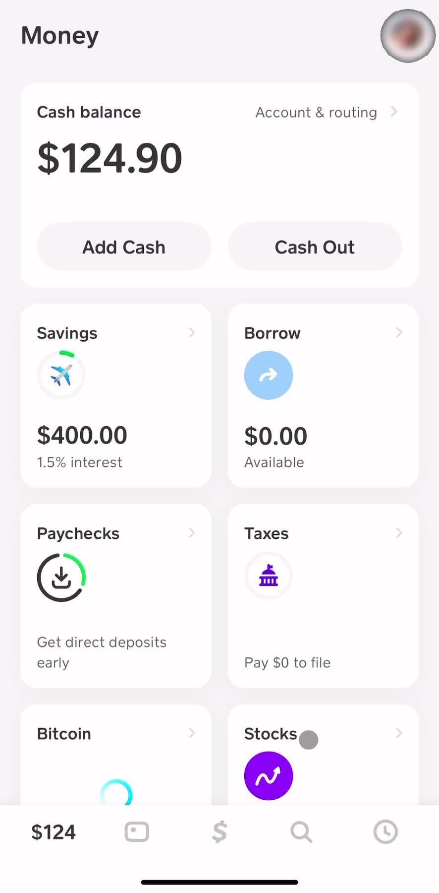 Cash App Home screen in the Searching Stocks flow