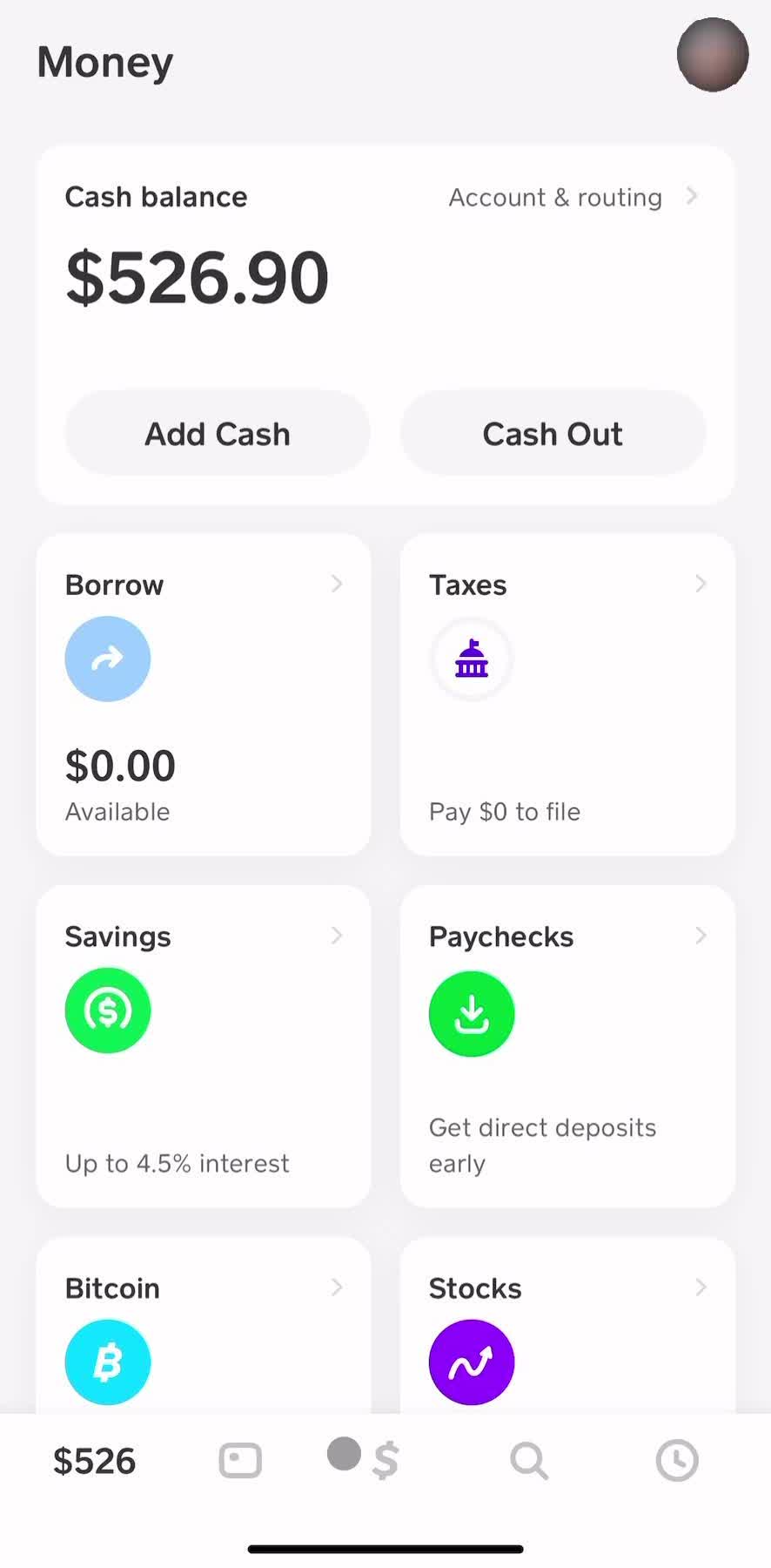 Cash App Home screen in the Sending Money flow