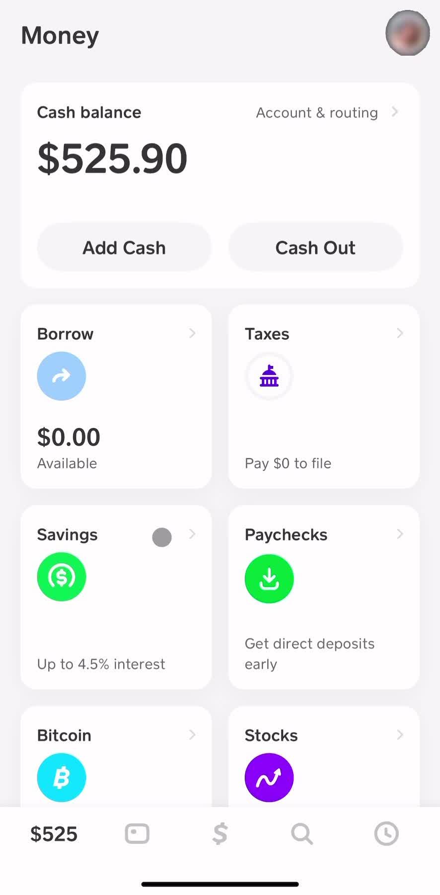 Cash App Home screen in the Transferring To Savings flow