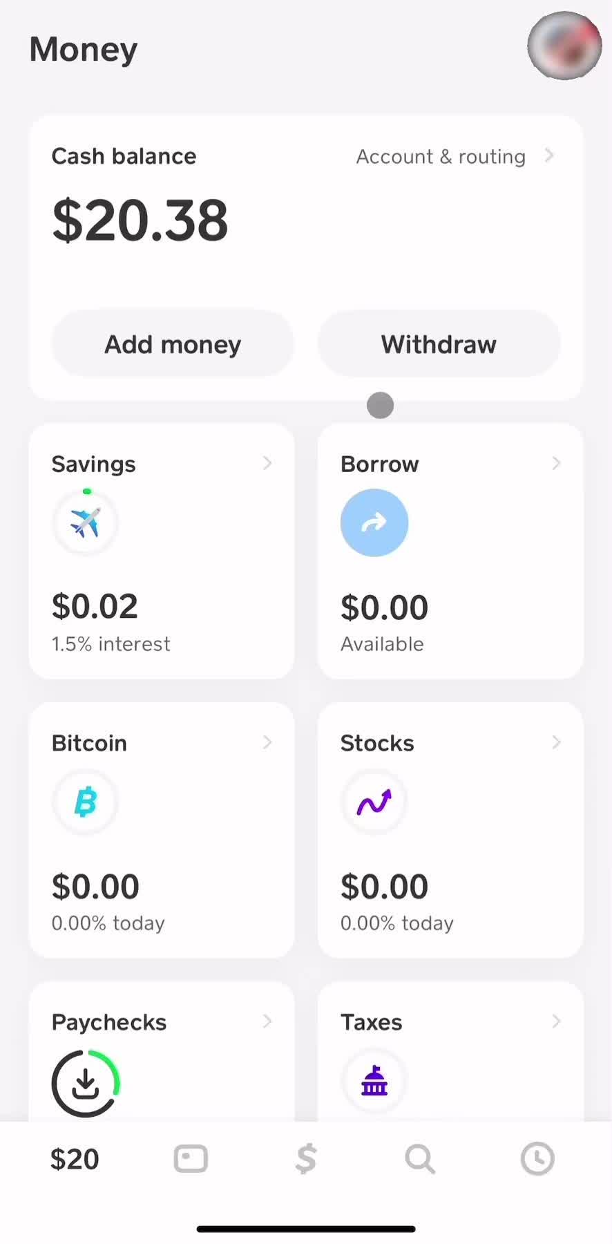 Cash App Home screen in the Updating Your Profile flow