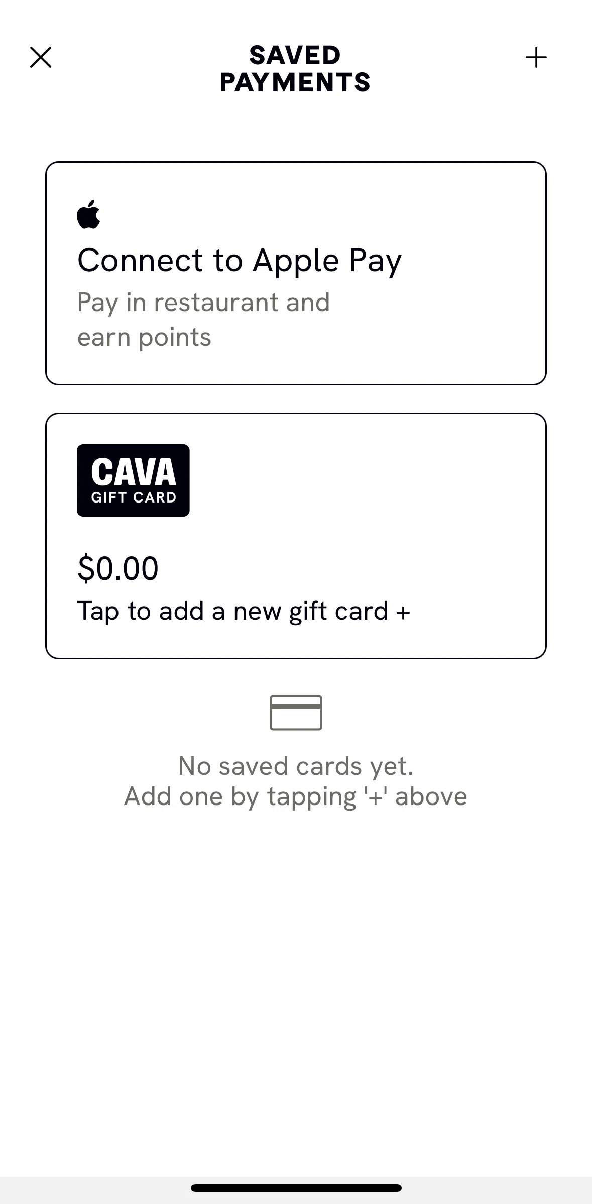 CAVA Screen screen in the Add a gift card flow