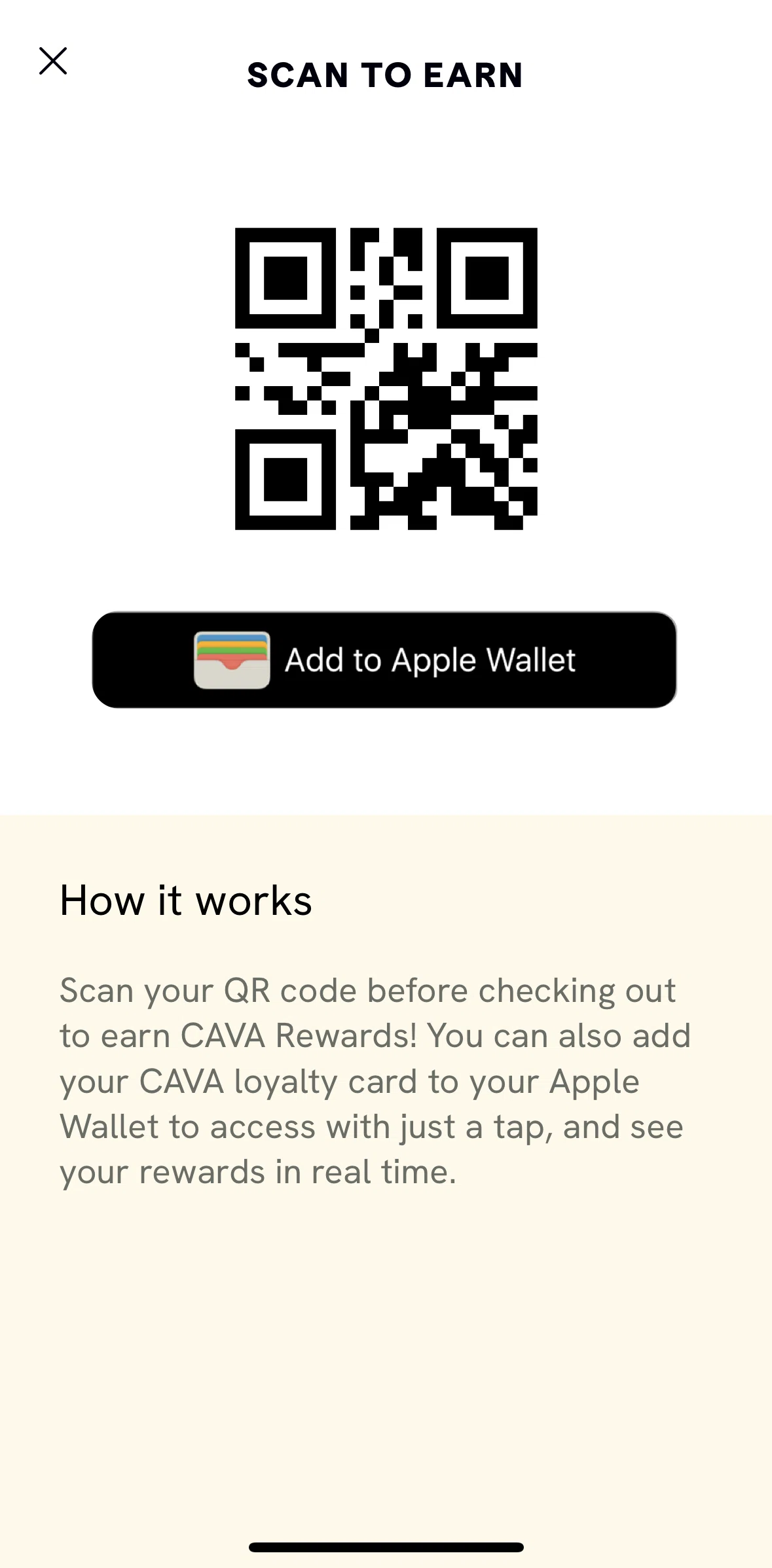 CAVA Screen screen in the Add to Apple Wallet flow