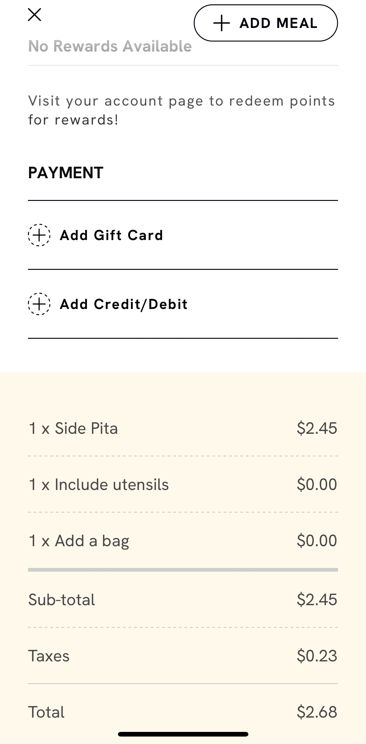 CAVA Screen screen in the Adding a payment method flow