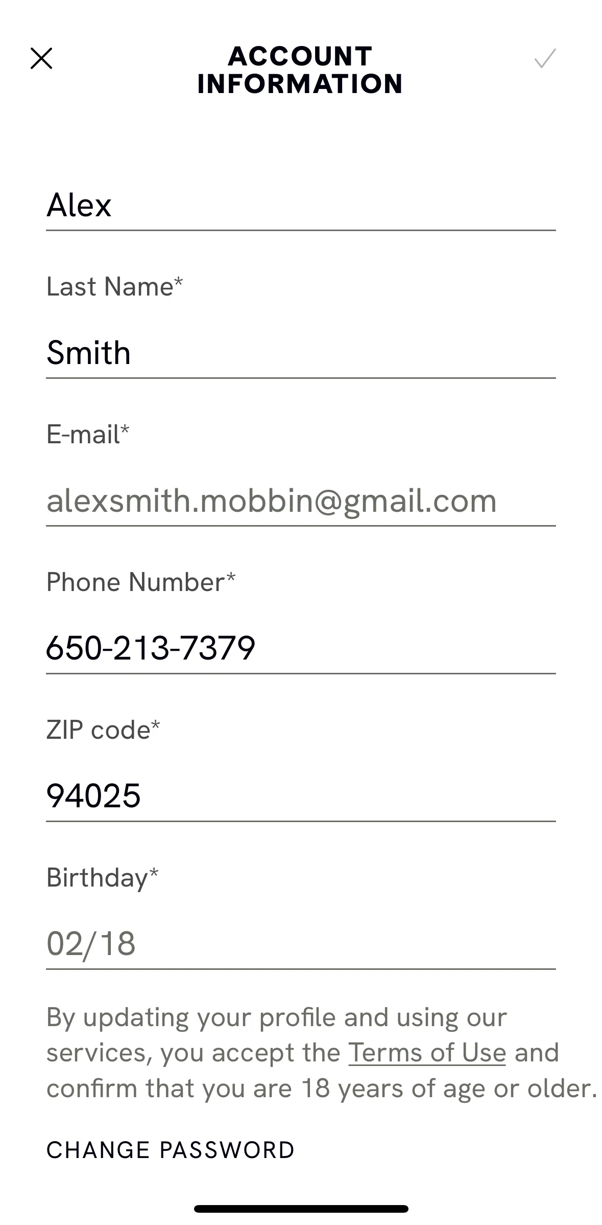 CAVA Screen screen in the Changing password flow