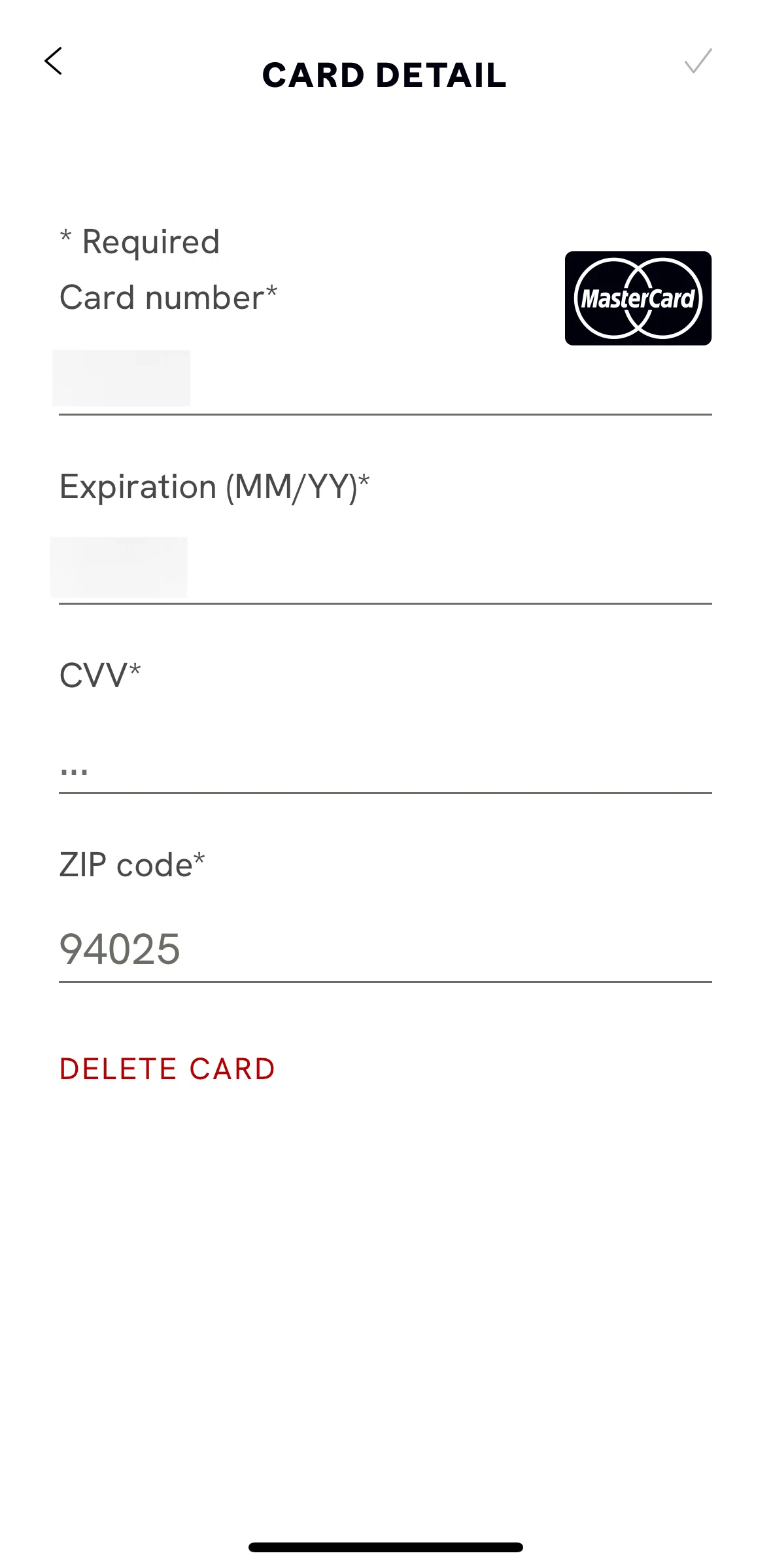 CAVA Screen screen in the Deleting a card flow