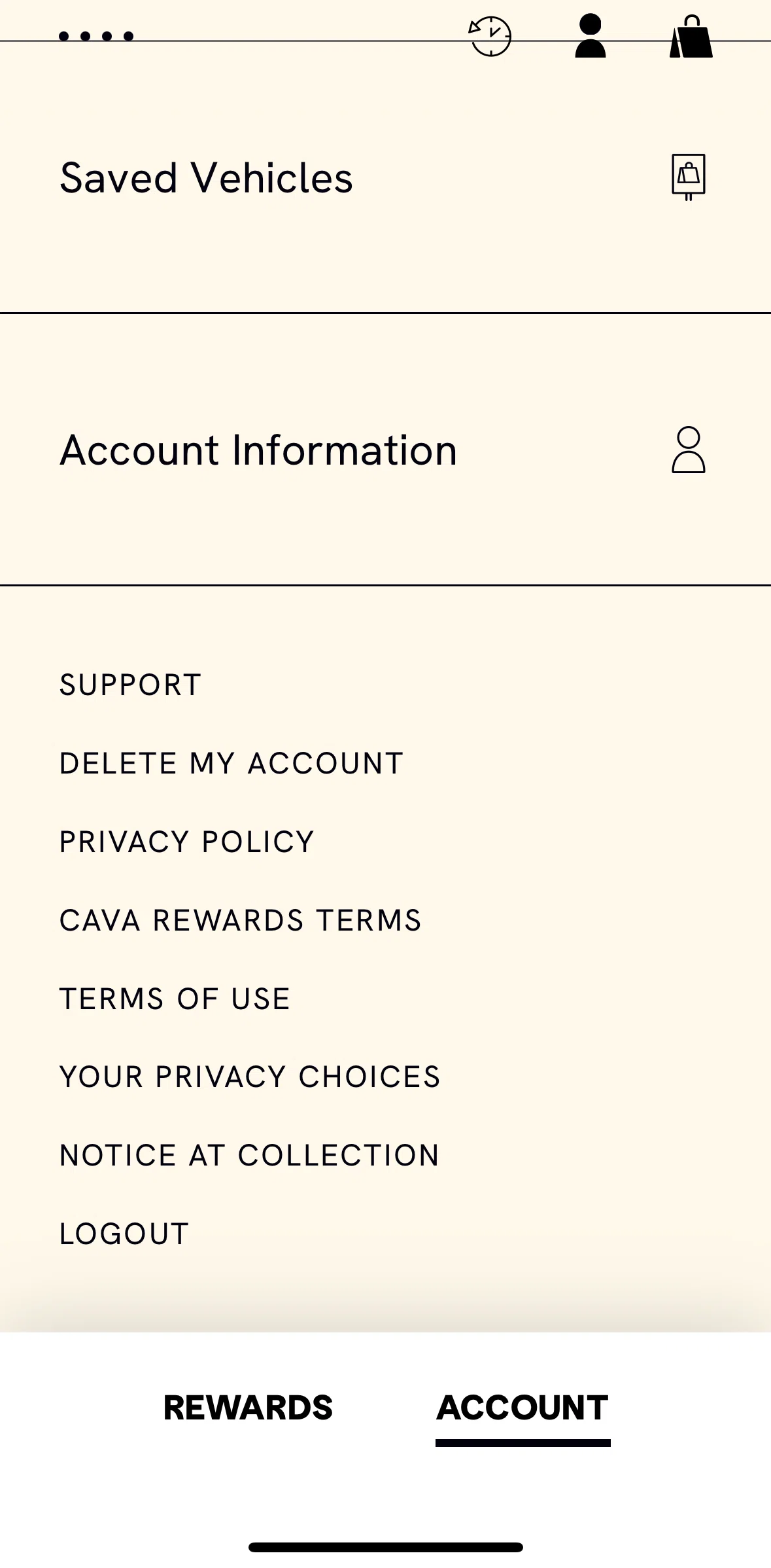 CAVA Screen screen in the Deleting an account flow