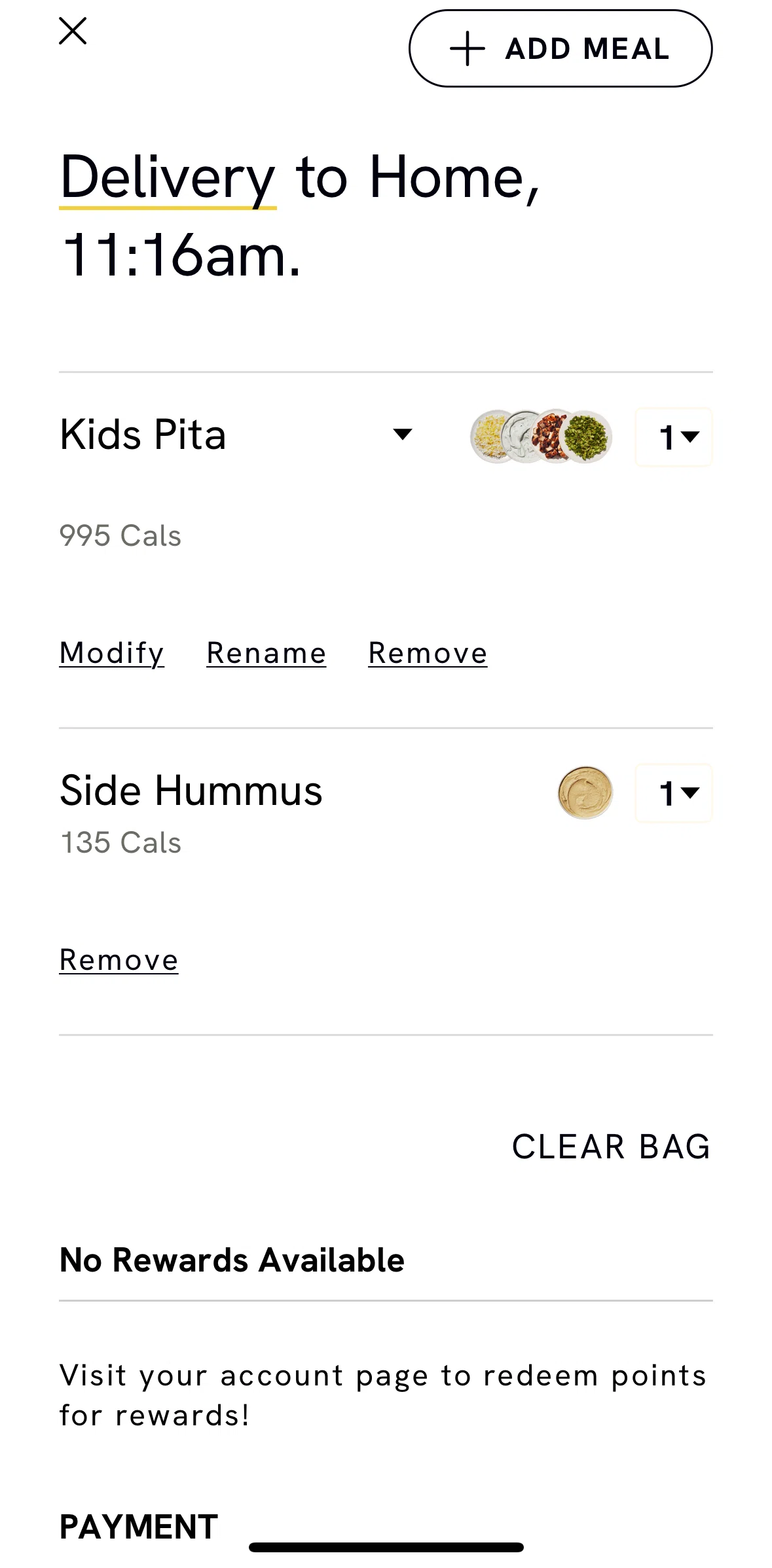 CAVA Screen screen in the Removing items from bag flow