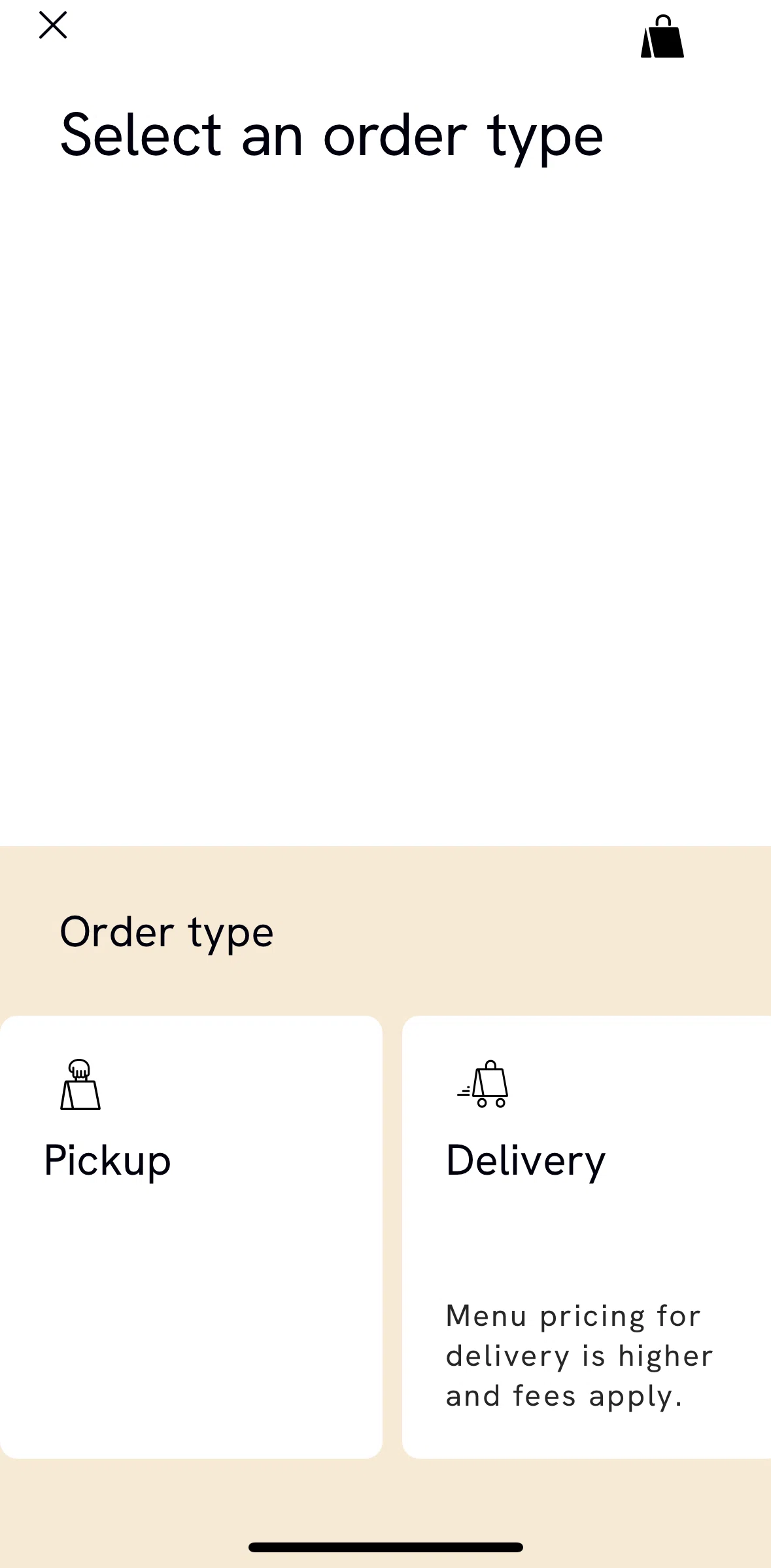 CAVA Screen screen in the Starting a new order (delivery) flow