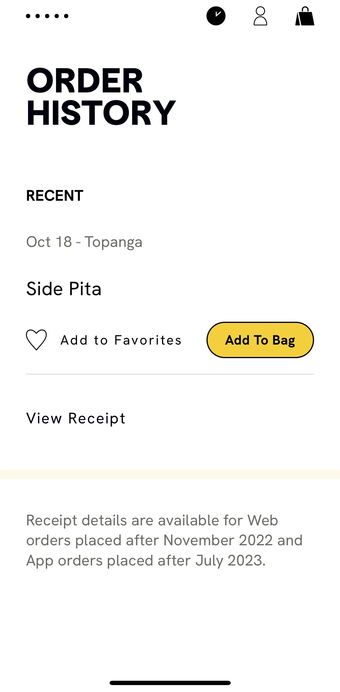 CAVA Screen screen in the View receipt flow