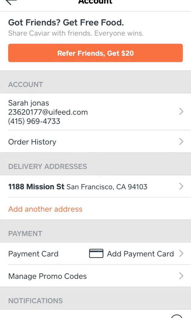 Caviar Screen screen in the Settings flow
