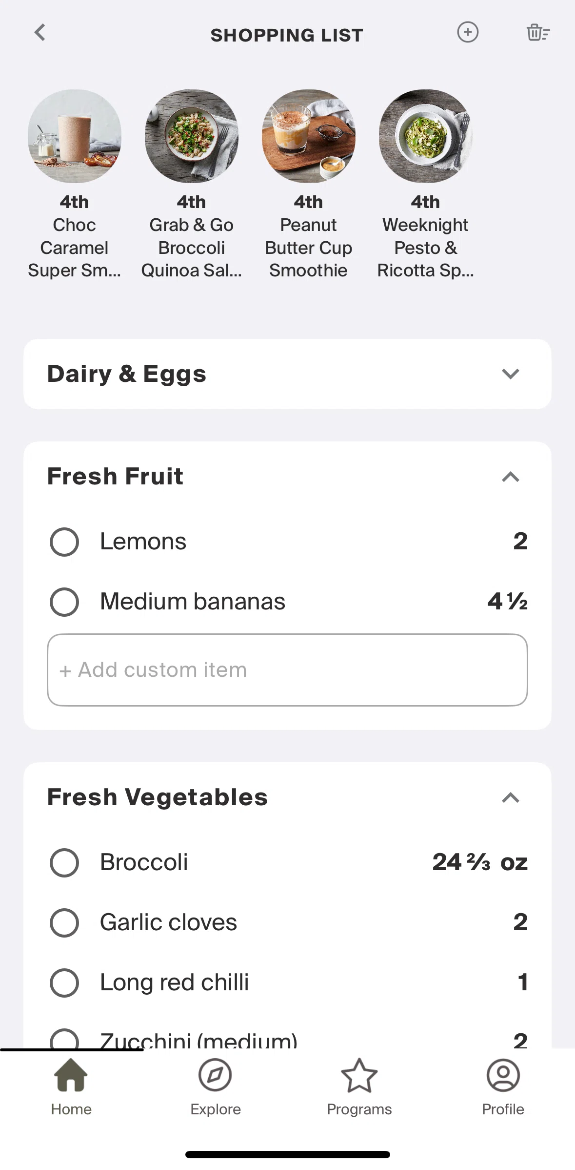 Centr Screen screen in the Checking items in shopping list flow