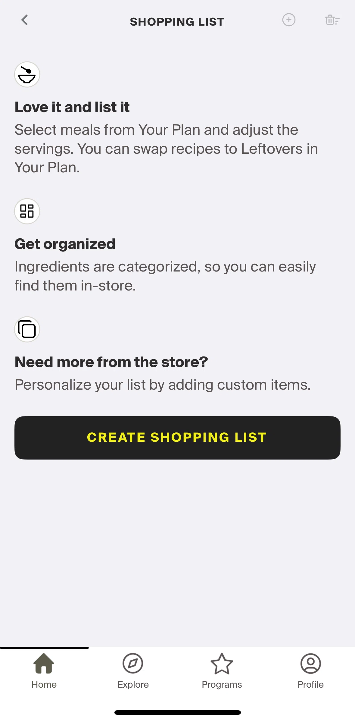 Centr Screen screen in the Creating shopping list flow