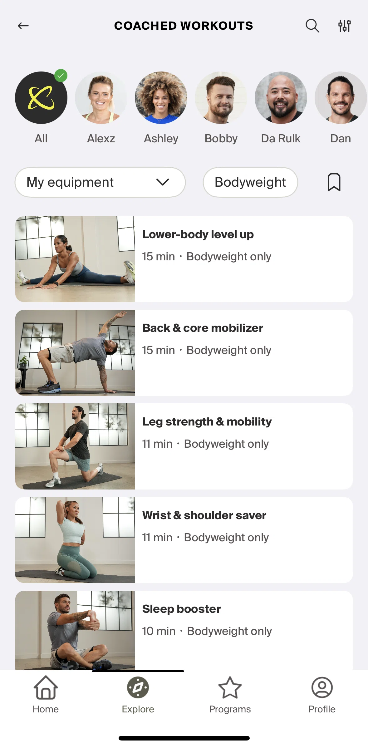 Centr Screen screen in the Filtering workouts flow