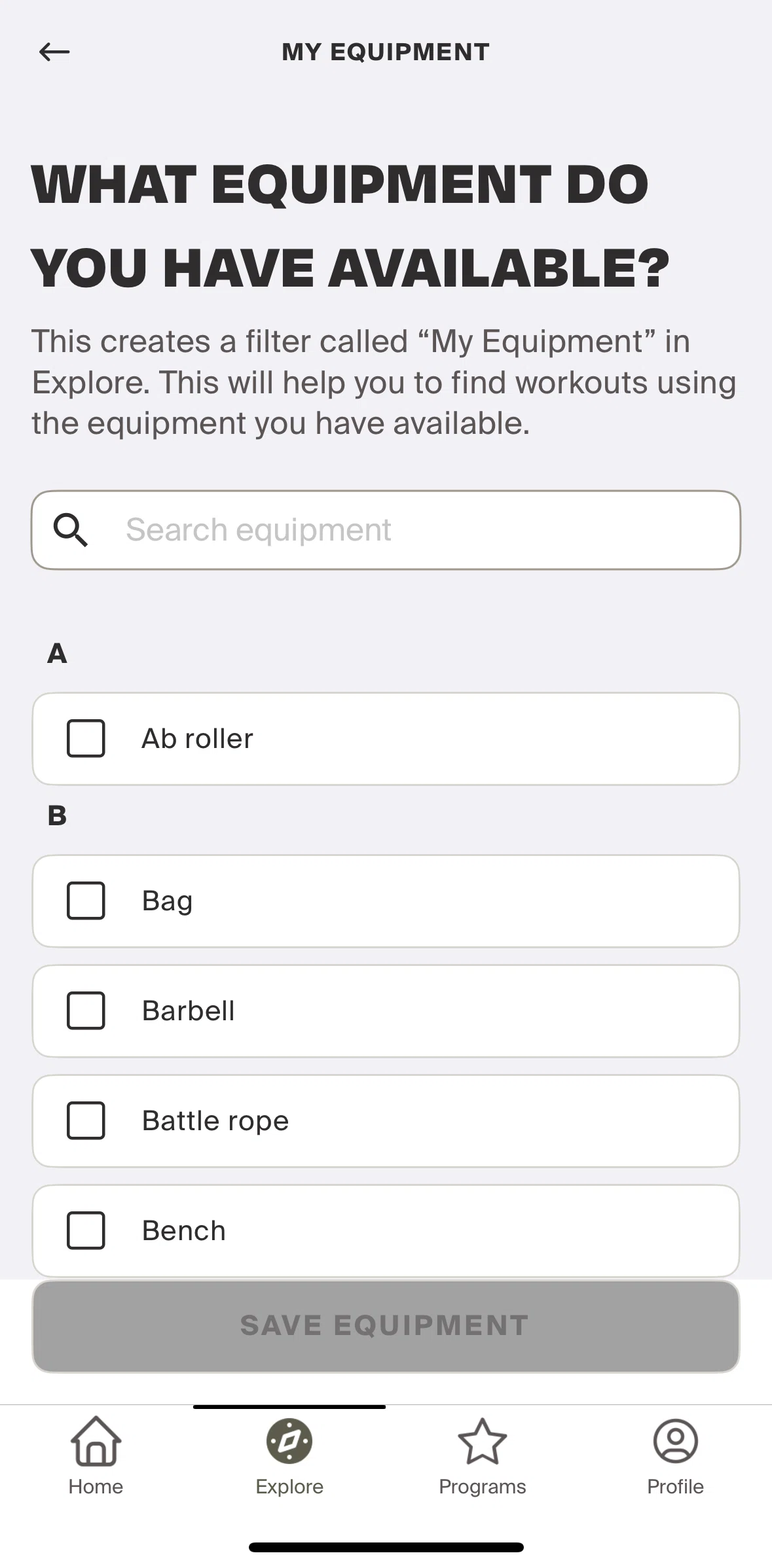 Centr Screen screen in the Searching equipments flow
