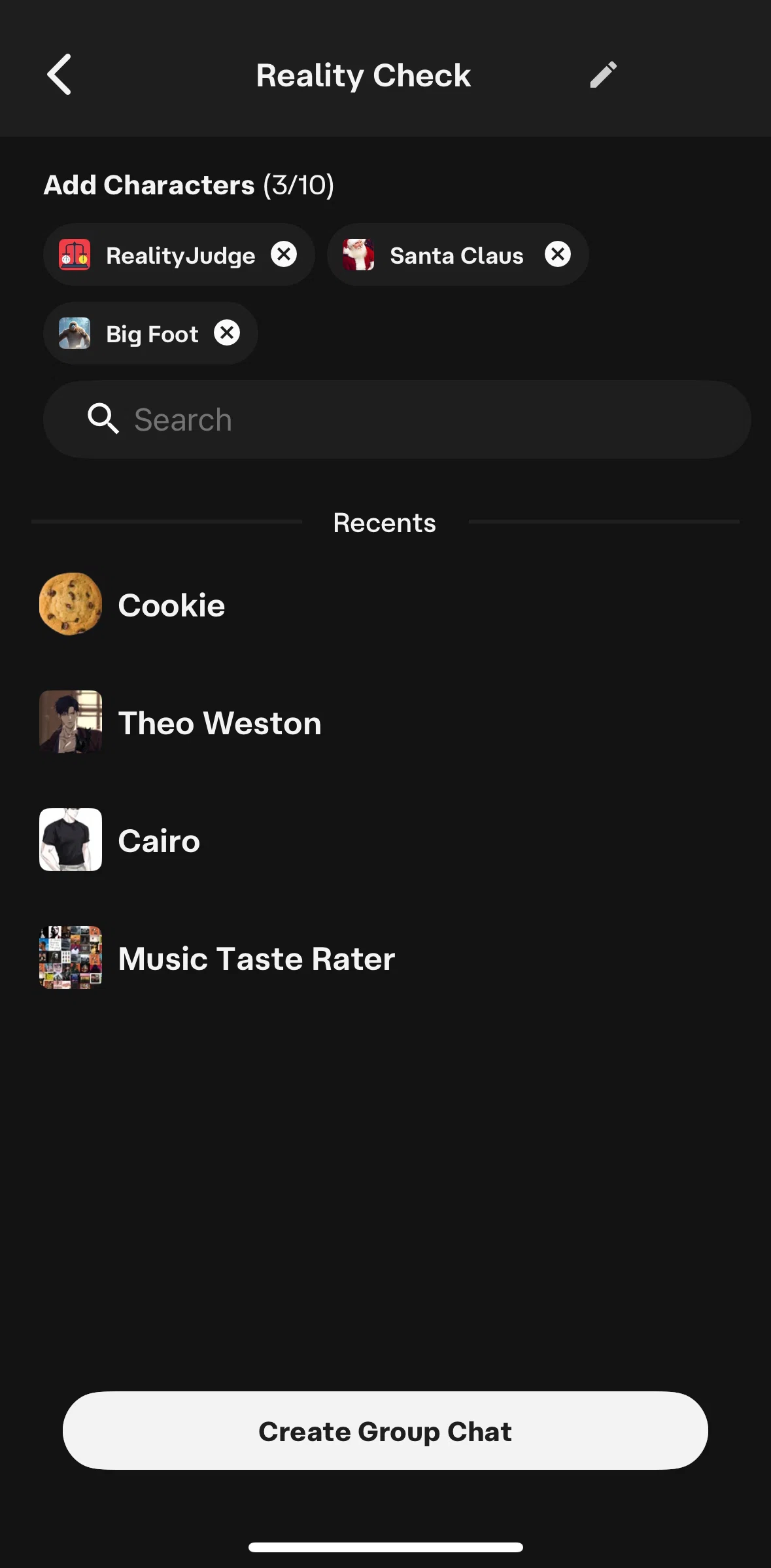 Character AI Screen screen in the Adding a character to a group flow