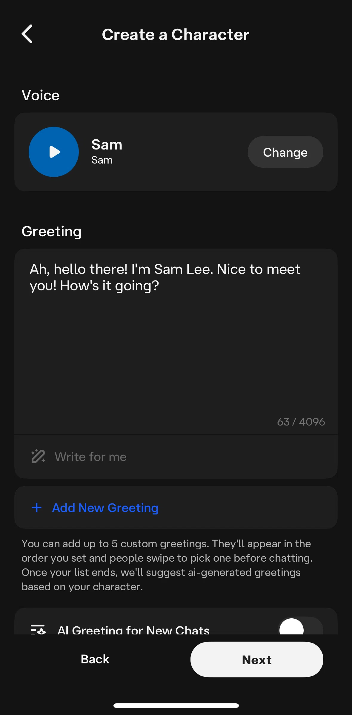 Character AI Screen screen in the Adding a greeting flow