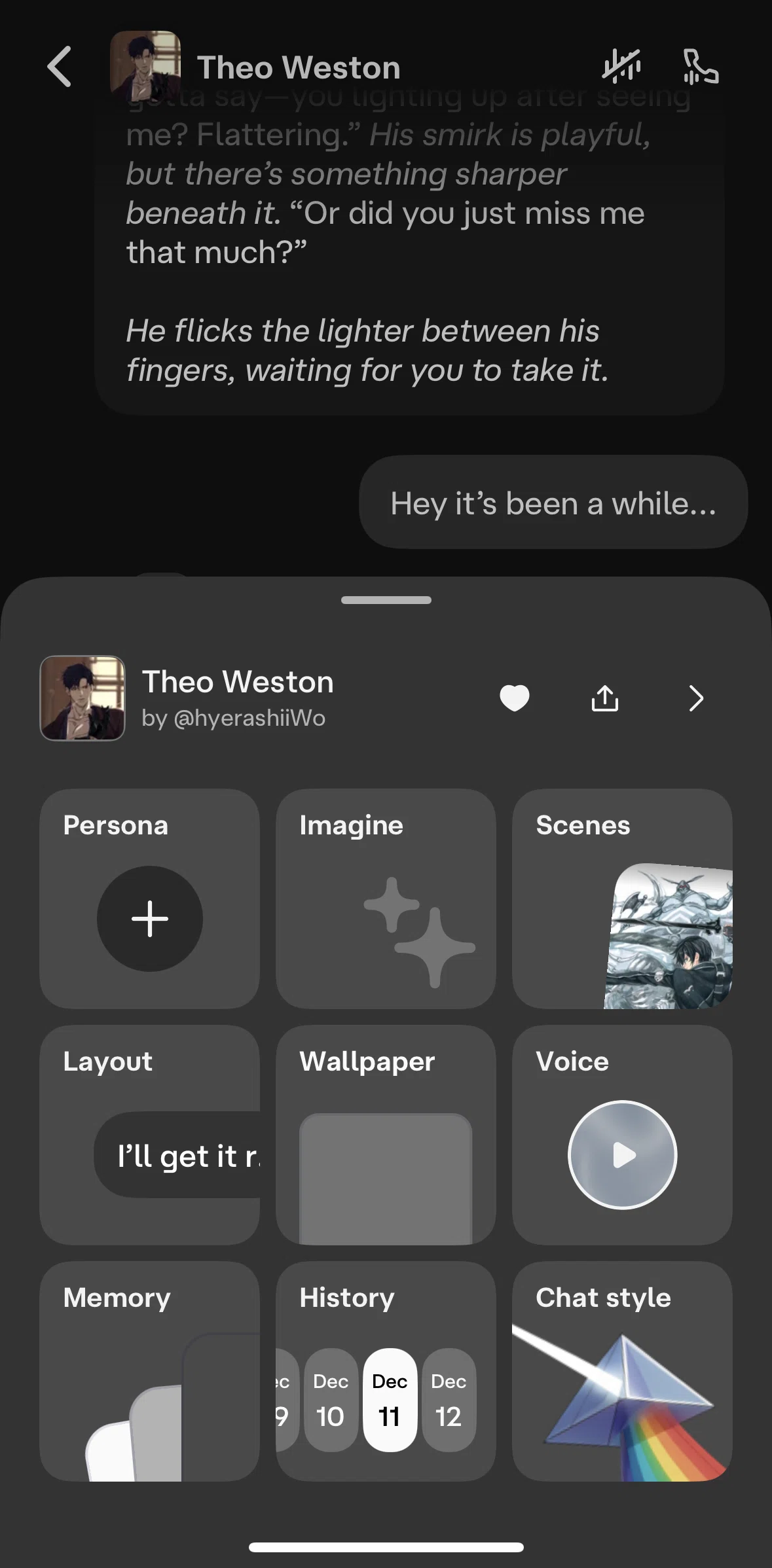 Character AI Screen screen in the Chat history flow