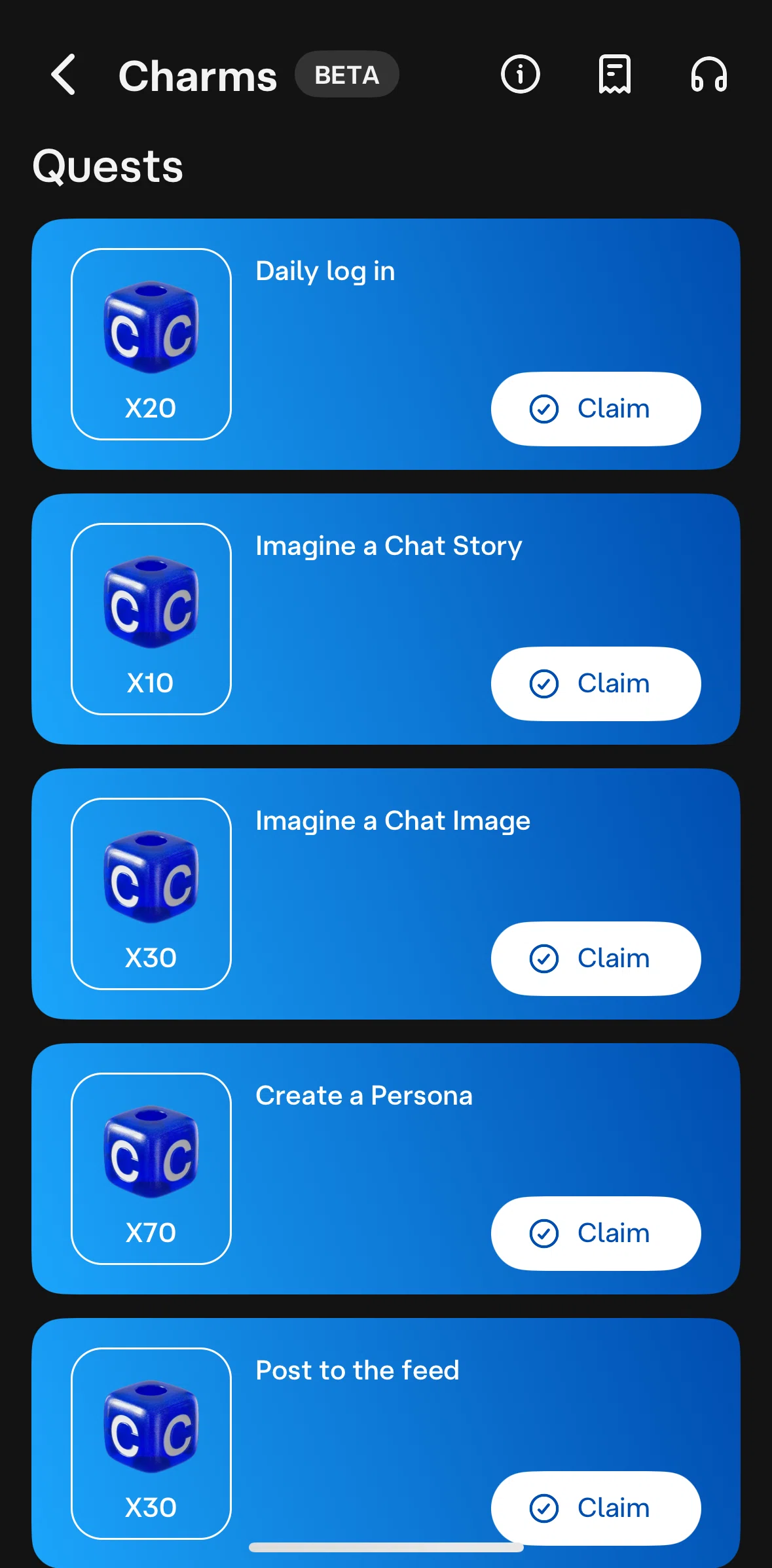 Character AI Screen screen in the Claiming a charm flow