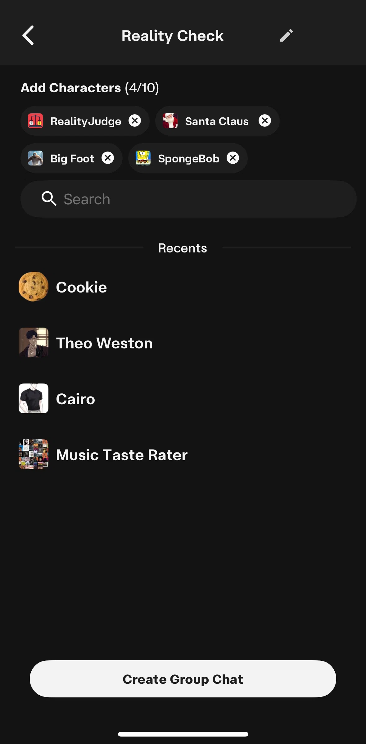 Character AI Screen screen in the Creating a group chat flow