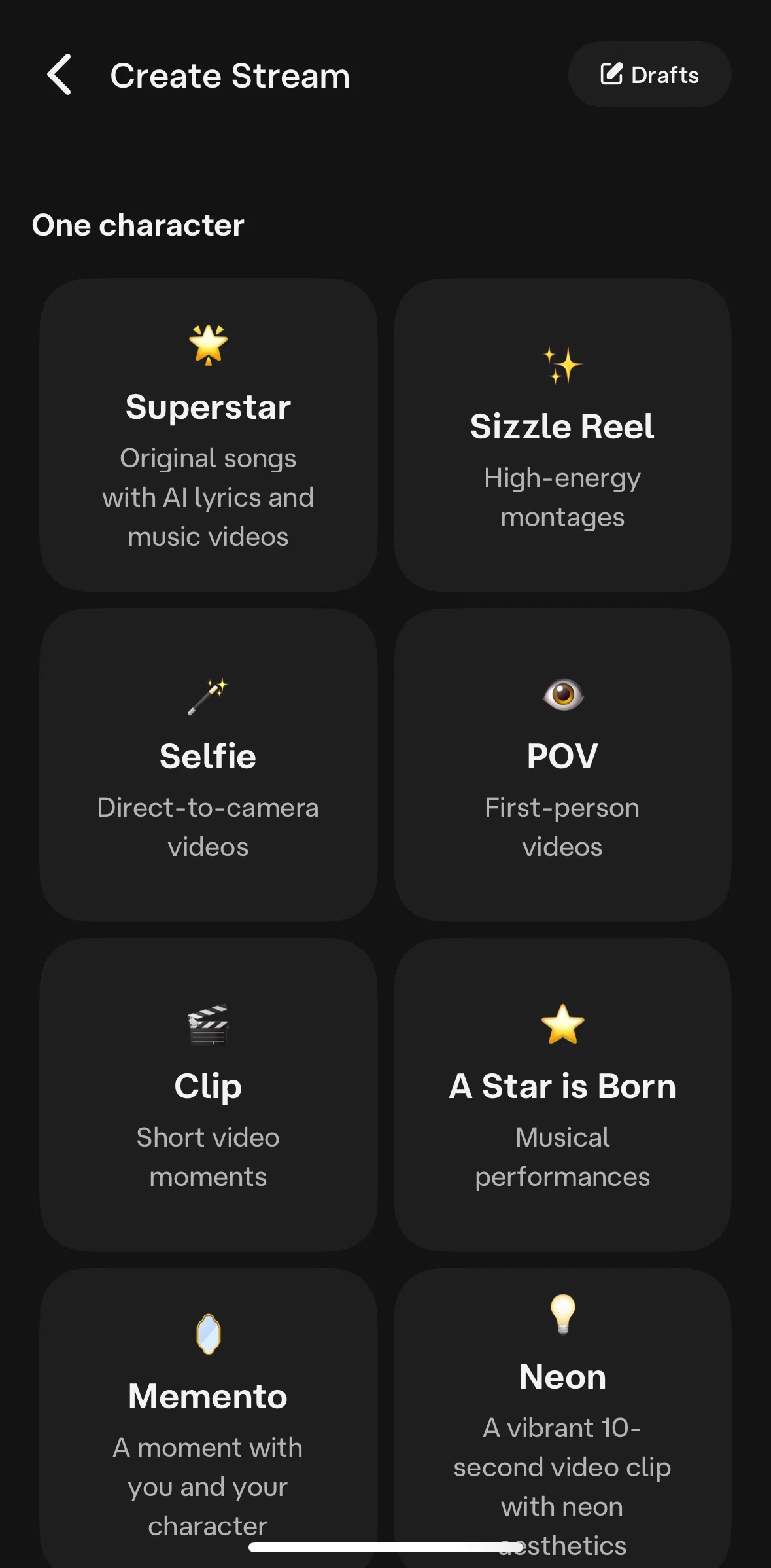 Character AI Screen screen in the Creating a stream flow