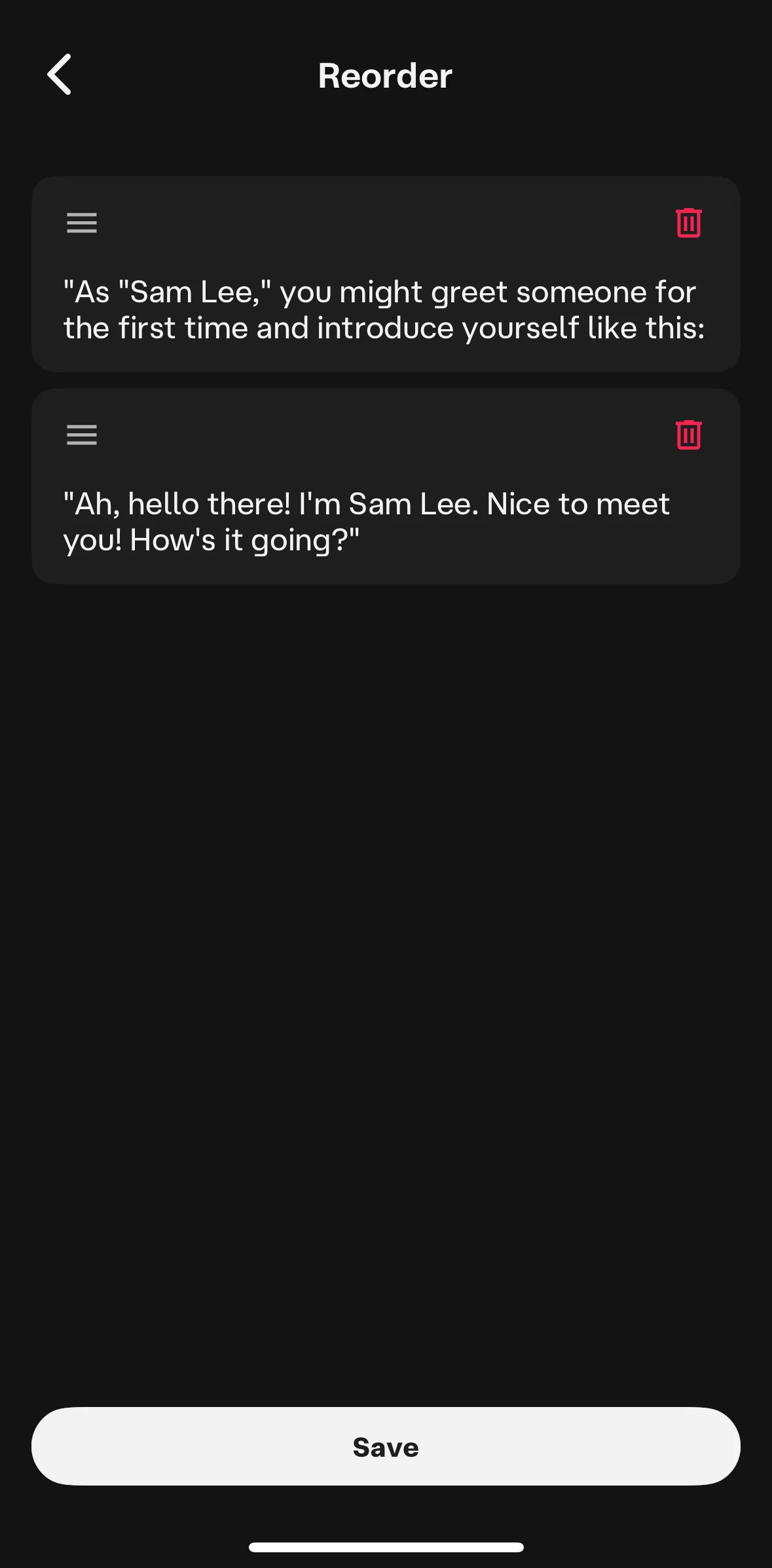 Character AI Screen screen in the Deleting a greeting flow