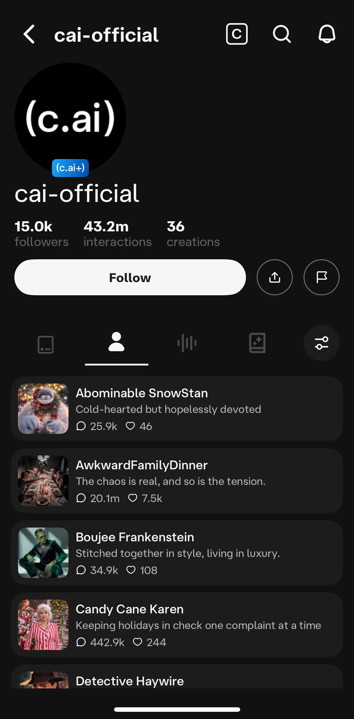 Character AI Screen screen in the Filtering creations flow