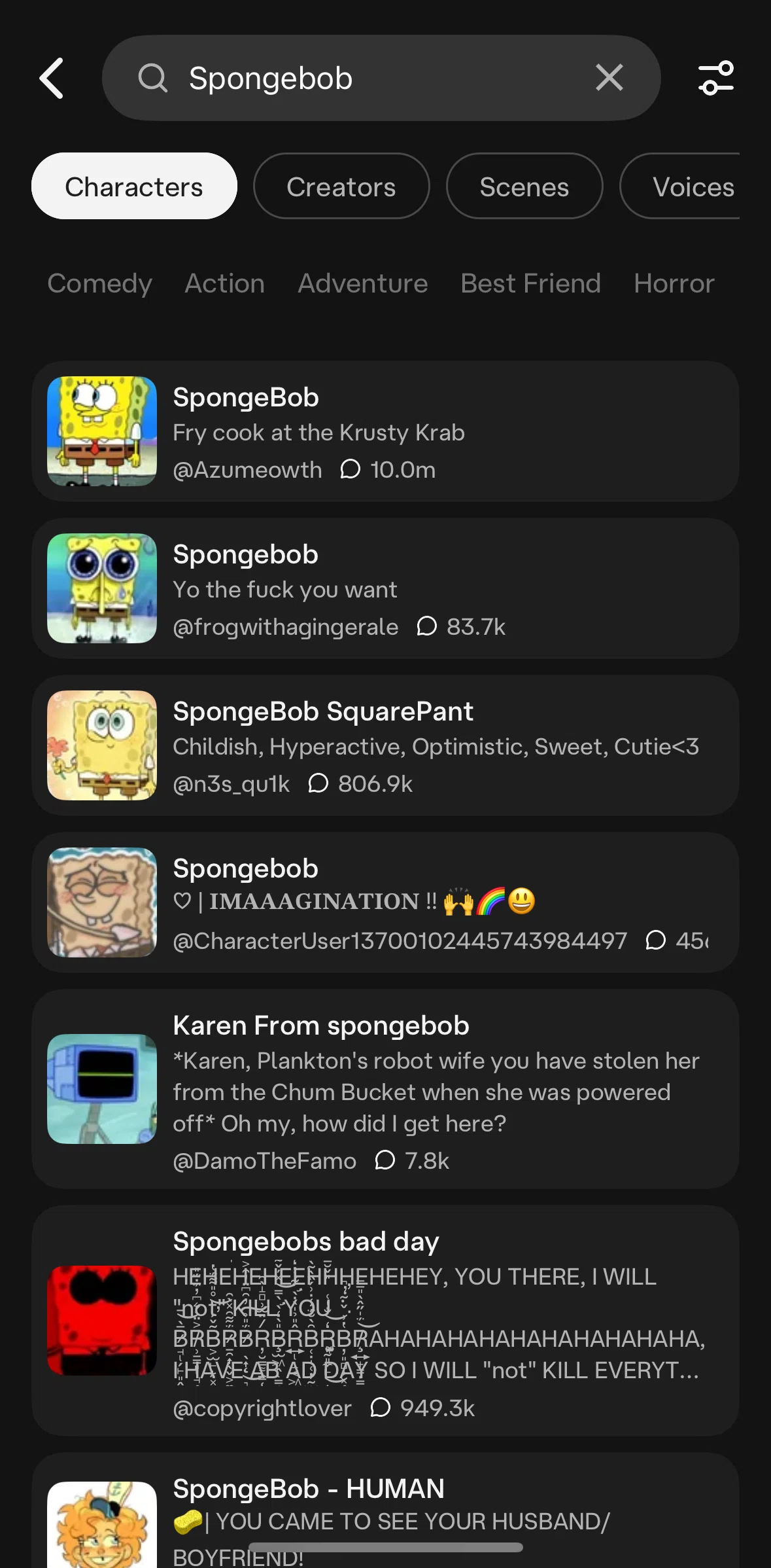 Character AI Screen screen in the Filtering search results flow