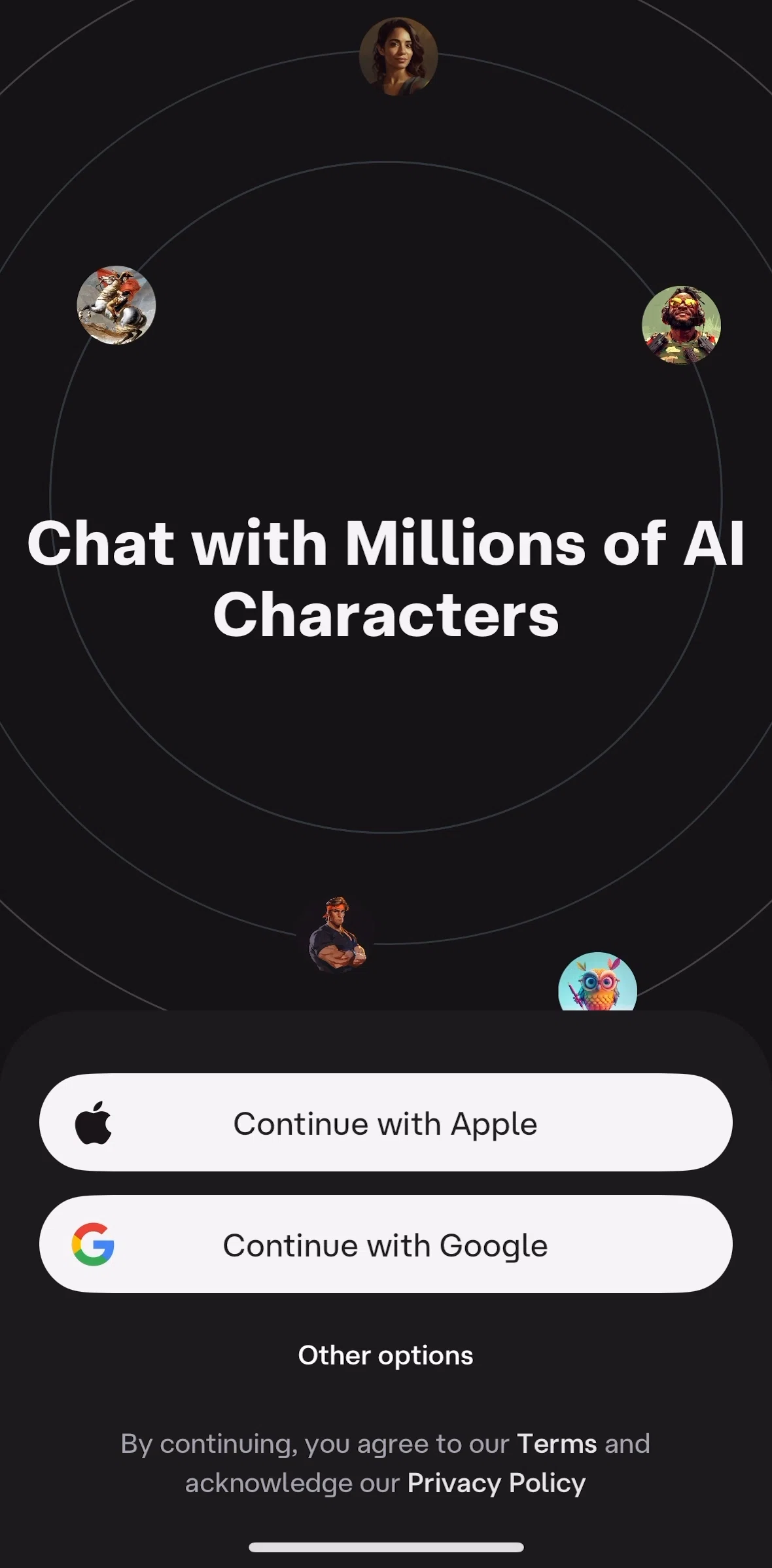 Character AI Screen screen in the Logging in flow