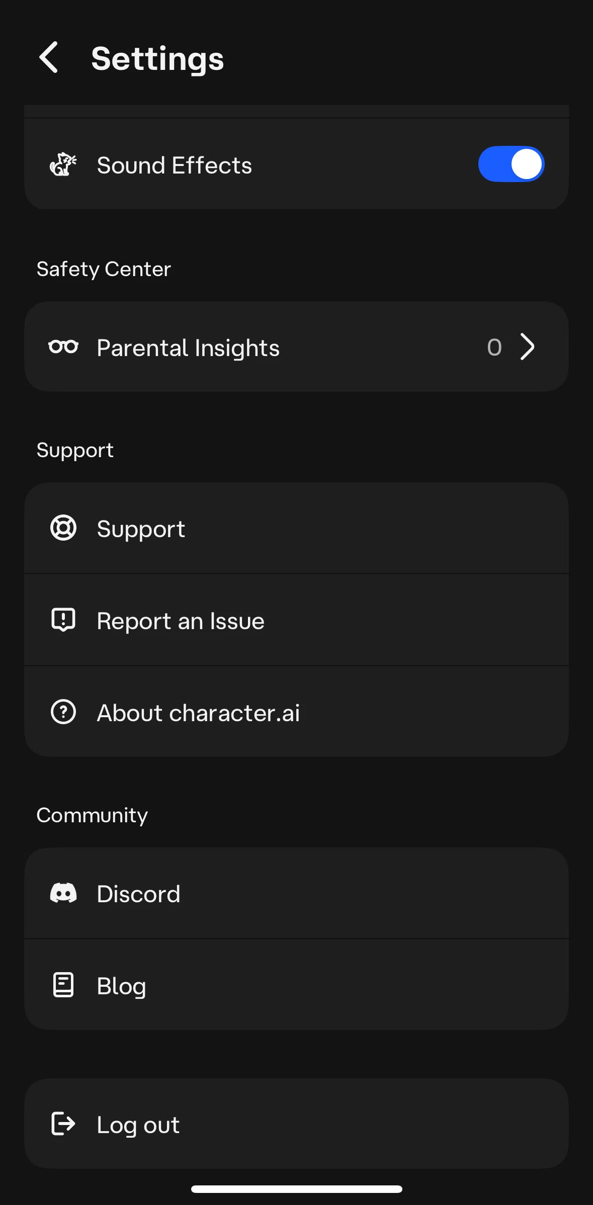 Character AI Screen screen in the Logging out flow