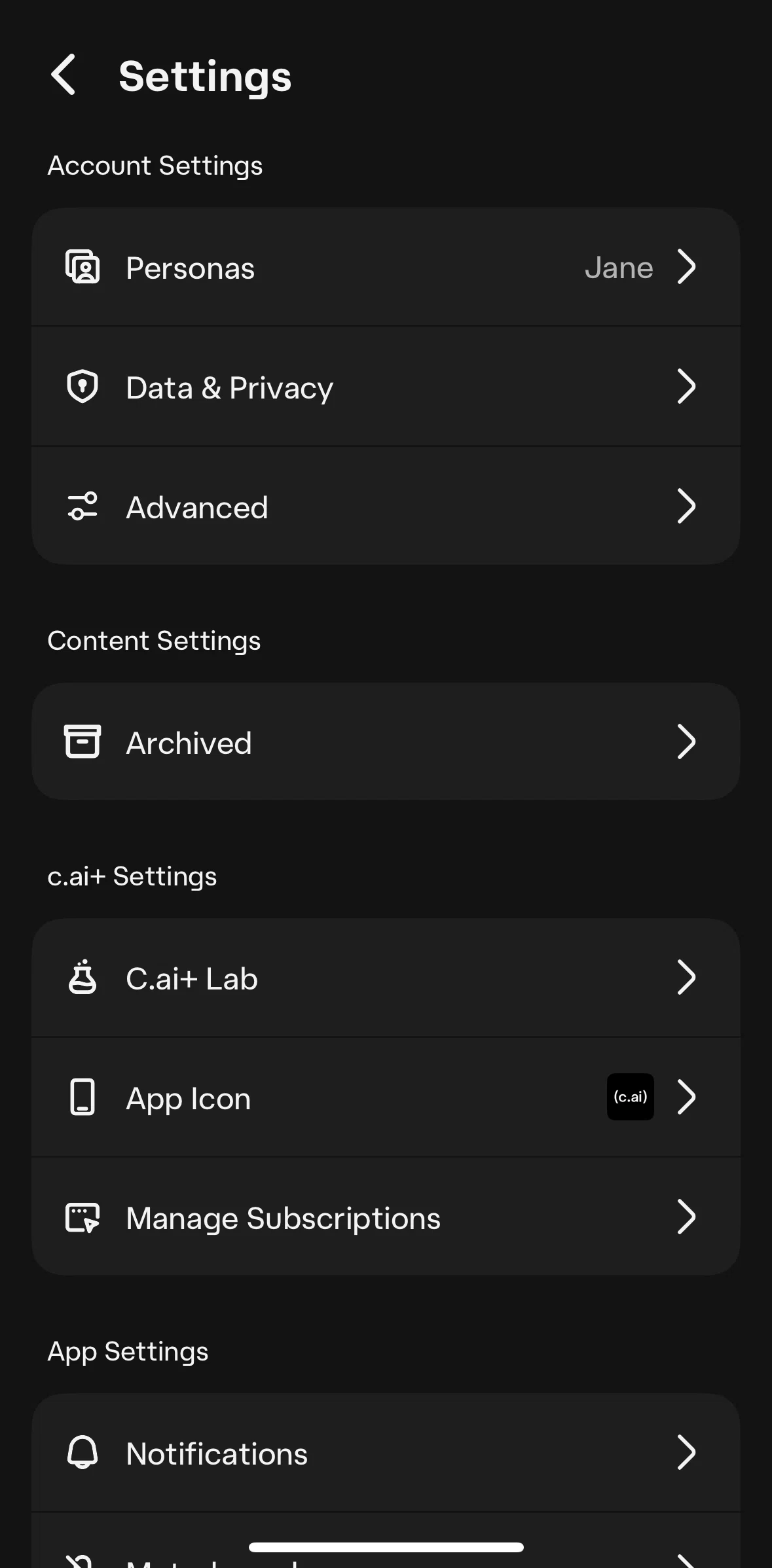 Character AI Screen screen in the Manage subscriptions flow