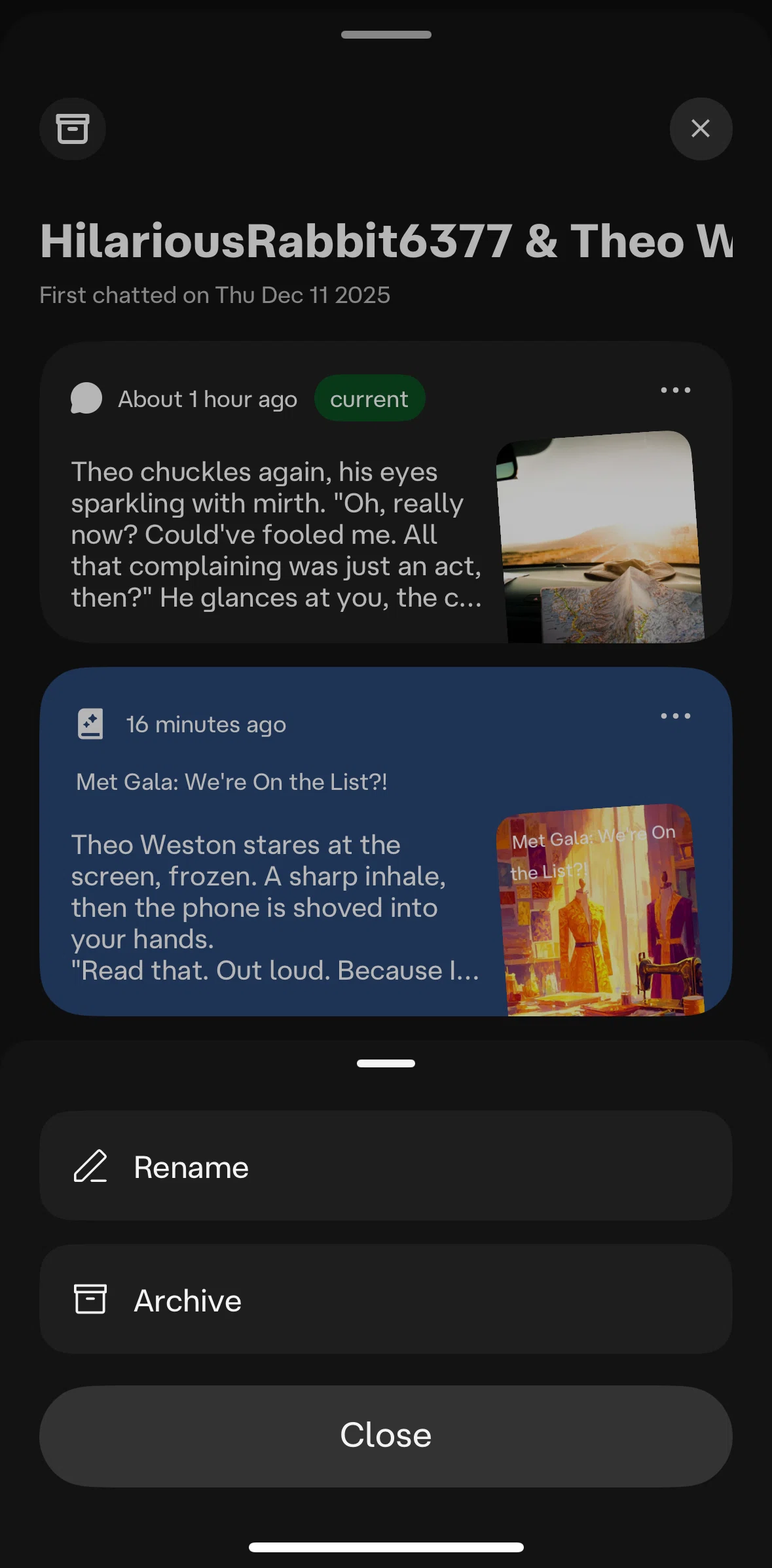 Character AI Screen screen in the Moving a chat to archive flow