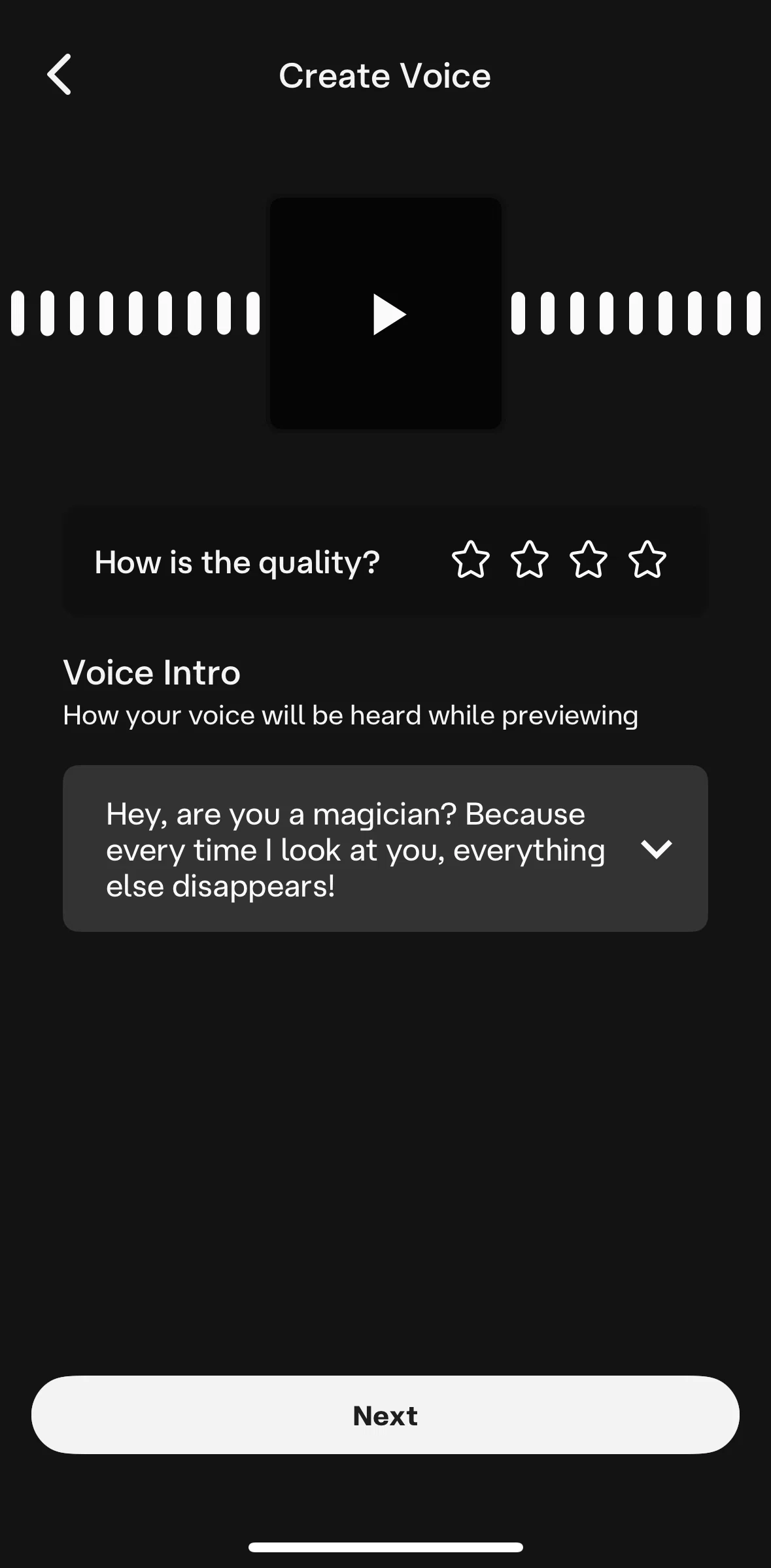 Character AI Screen screen in the Rating a voice flow