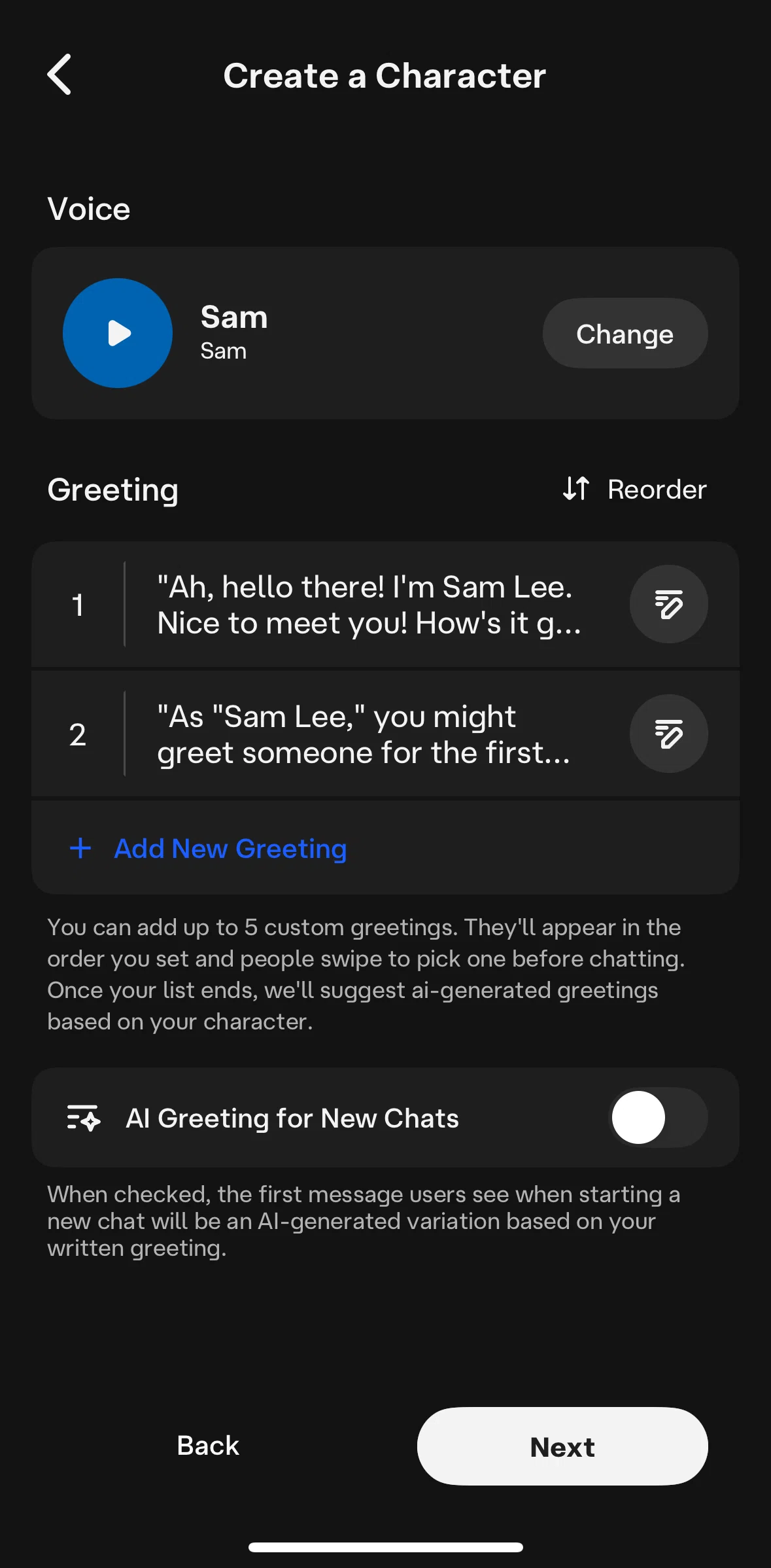 Character AI Screen screen in the Reordering a greeting flow