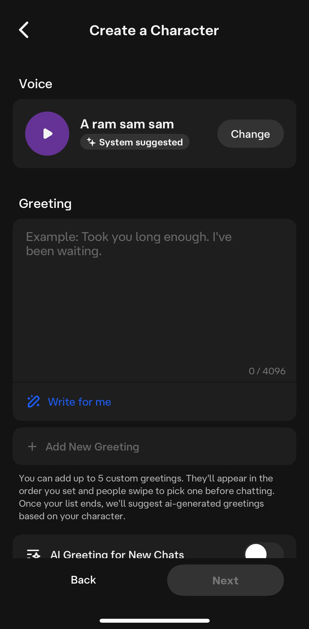 Character AI Screen screen in the Selecting a voice flow