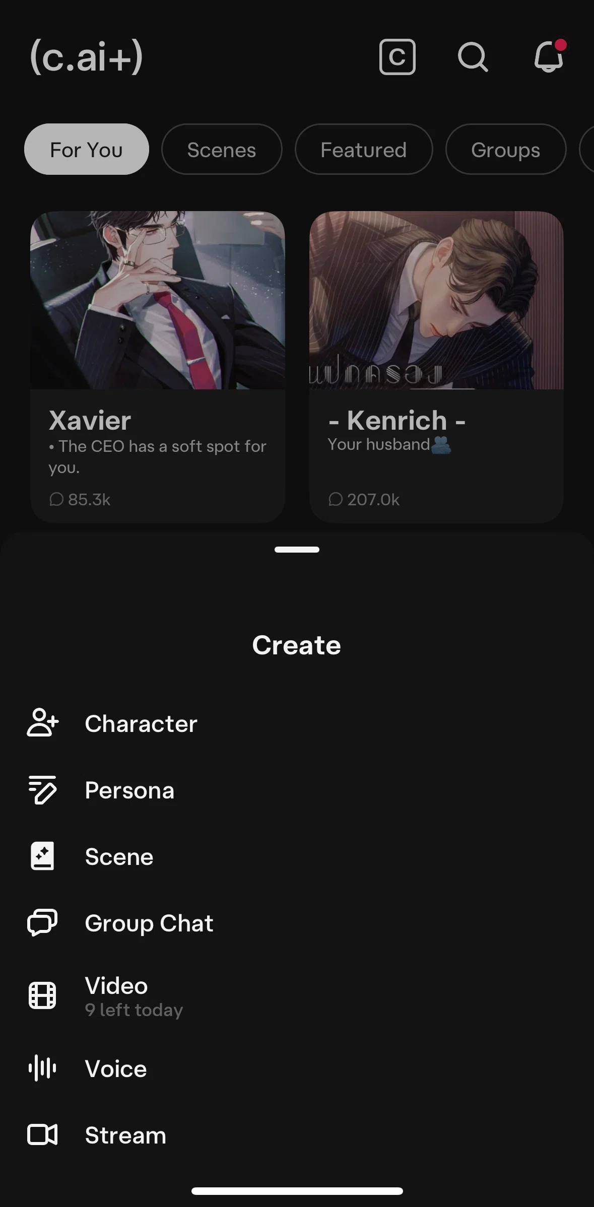 Character AI Screen screen in the Stream flow
