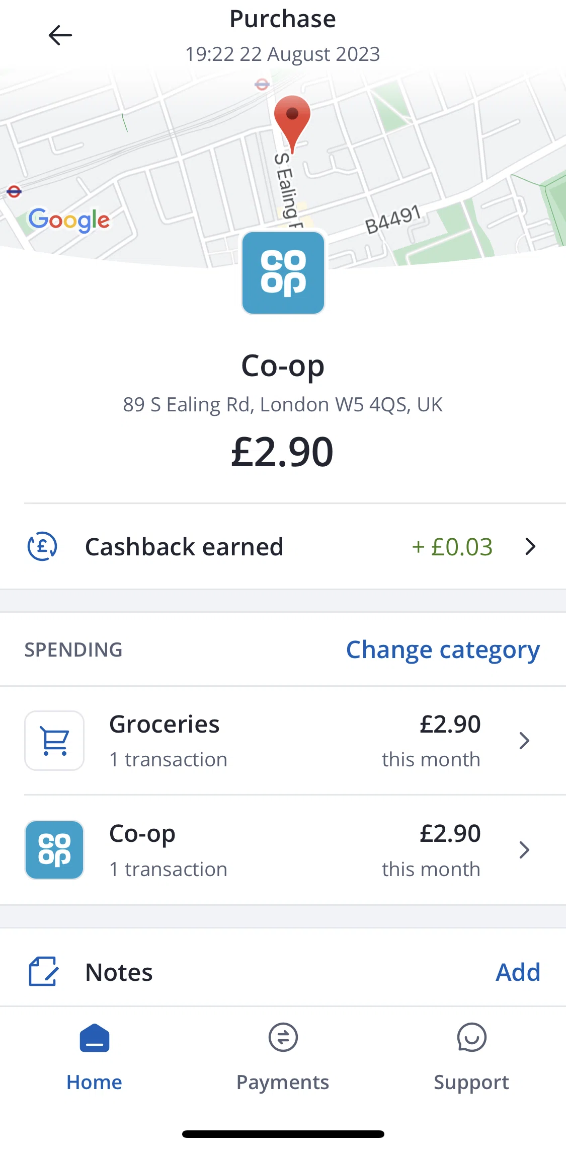 Chase UK Screen screen in the Cashback earned flow