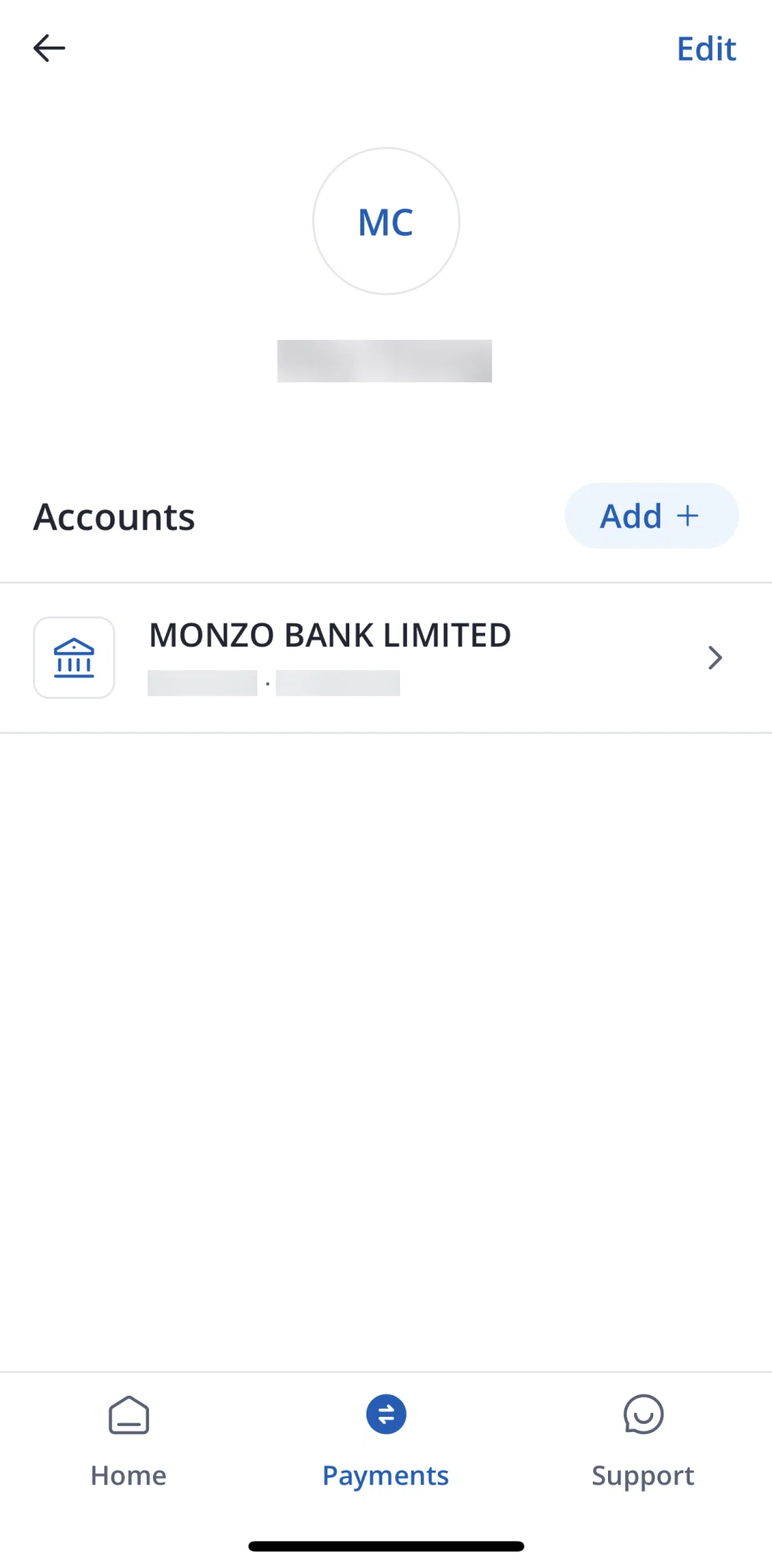Chase UK Screen screen in the Editing a payee flow