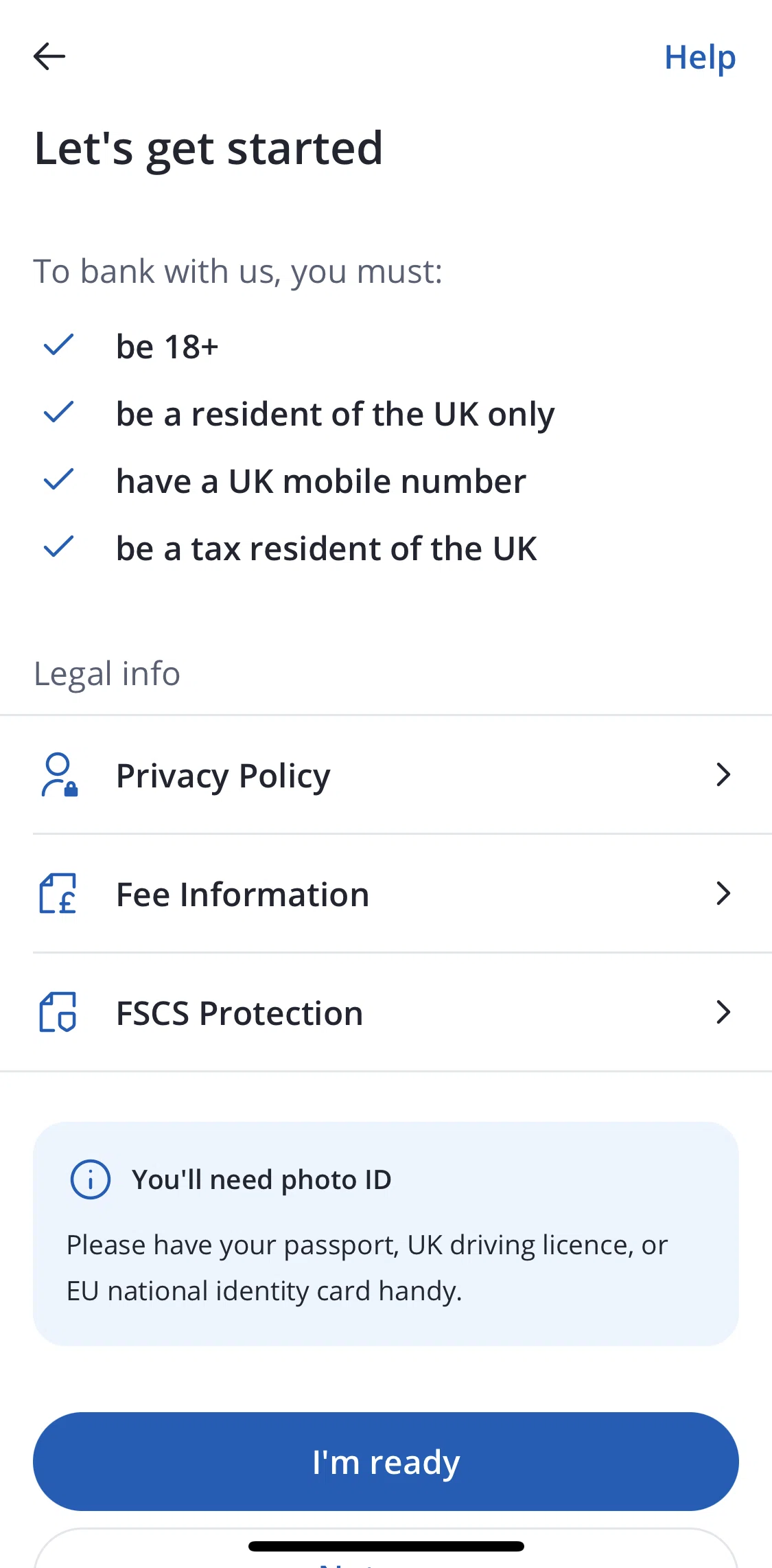 Chase UK Screen screen in the Help flow