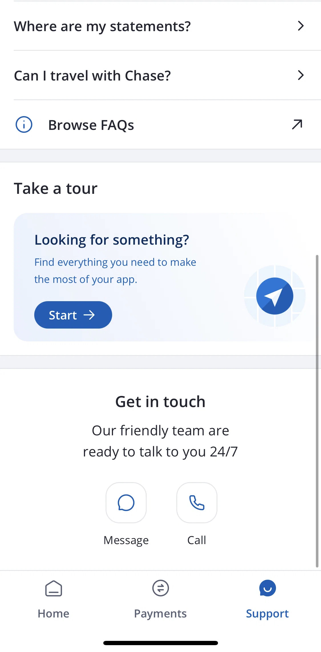 Chase UK Screen screen in the Messaging support flow