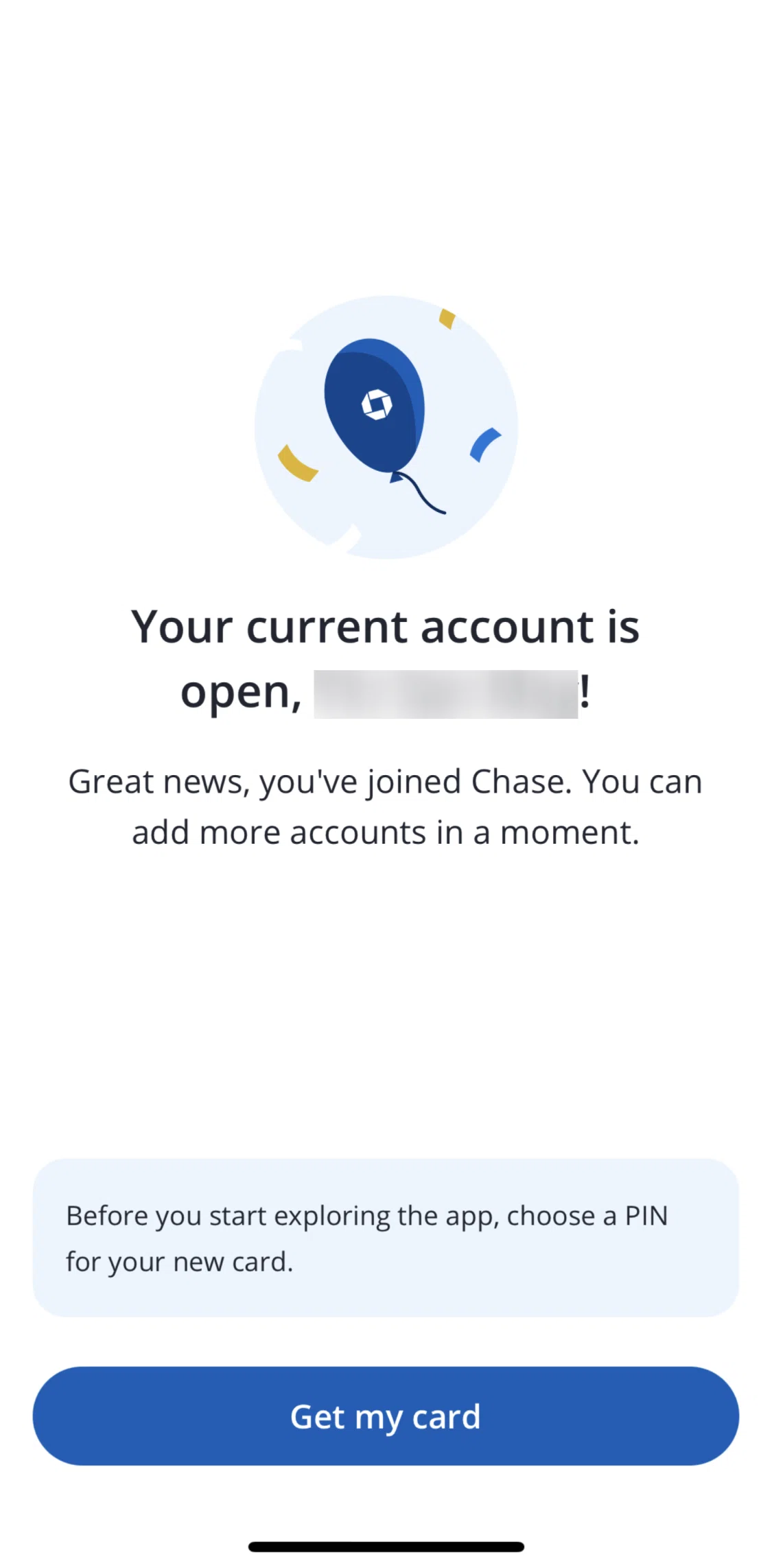 Chase UK Screen screen in the Ordering my card flow