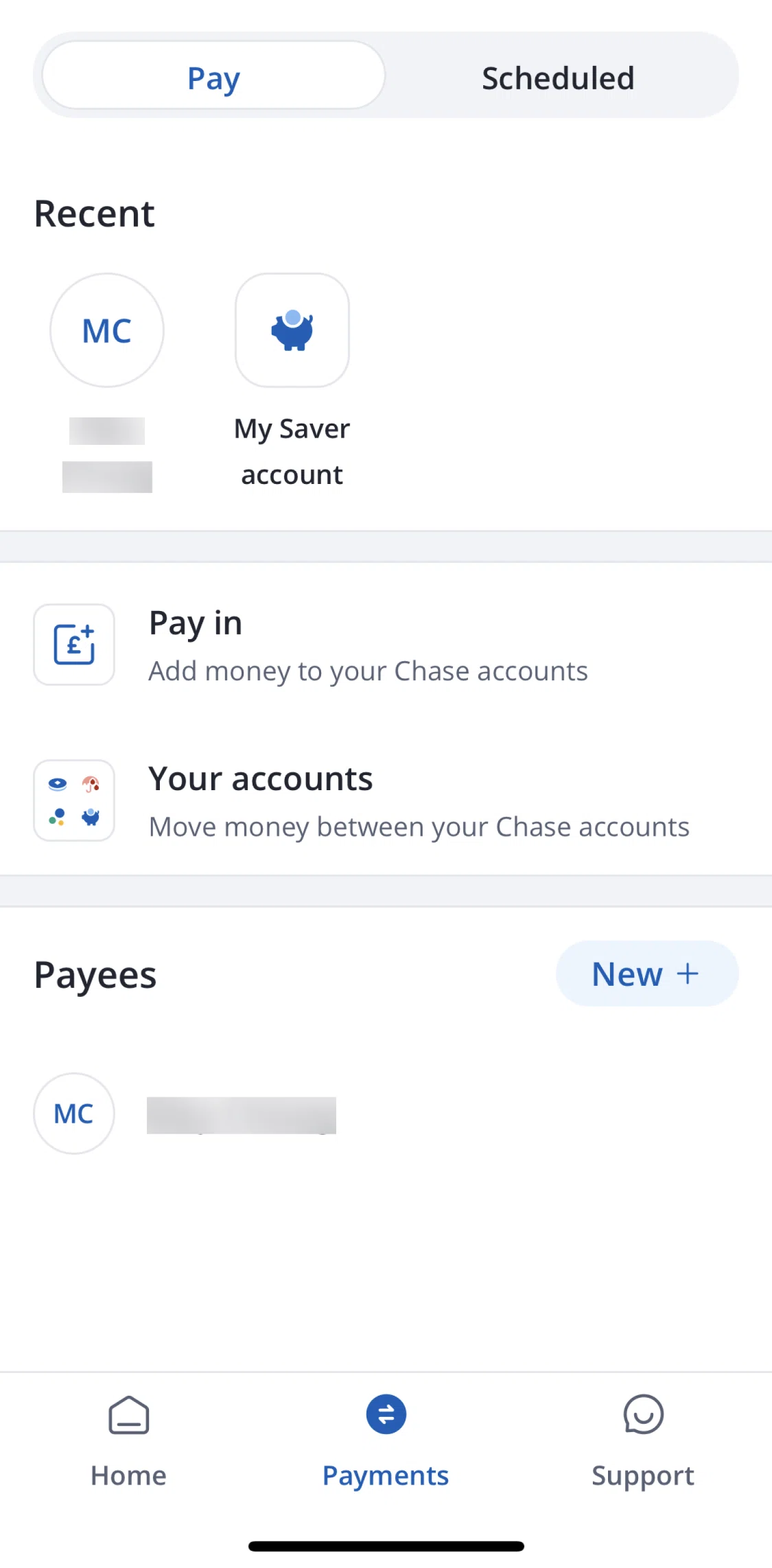 Chase UK Screen screen in the Payee detail flow