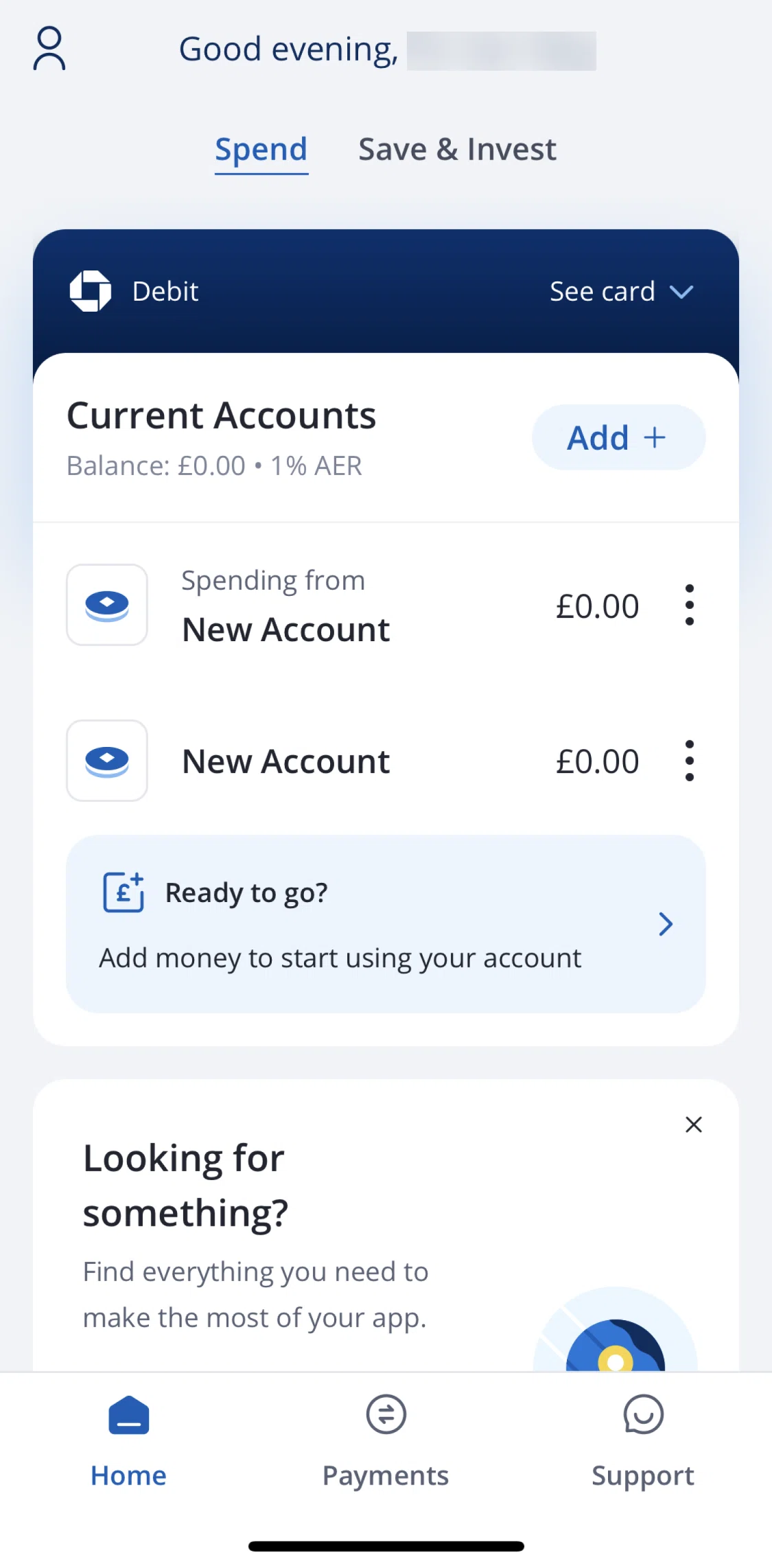 Chase UK Screen screen in the Payments flow