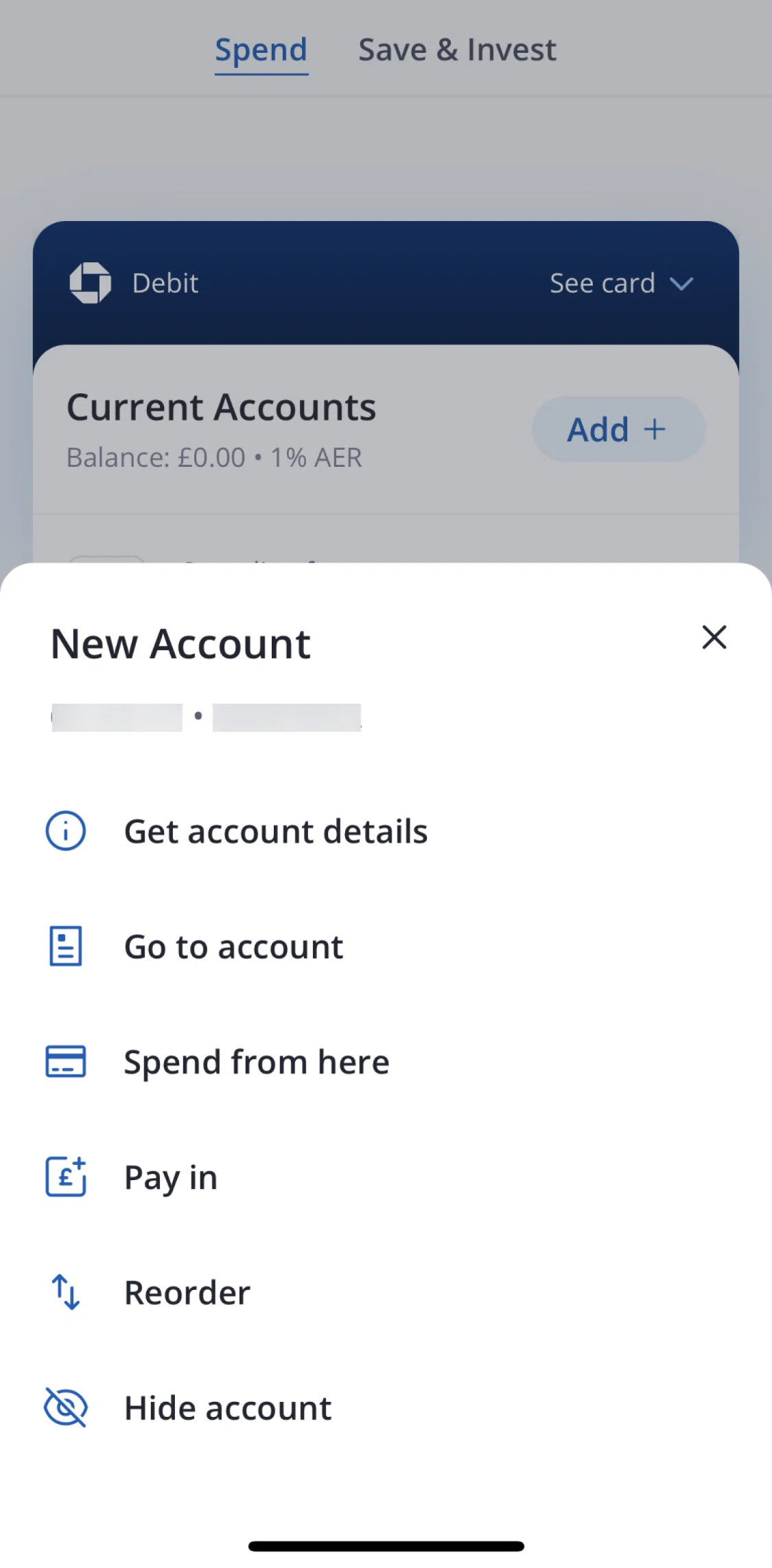 Chase UK Screen screen in the Reordering accounts flow