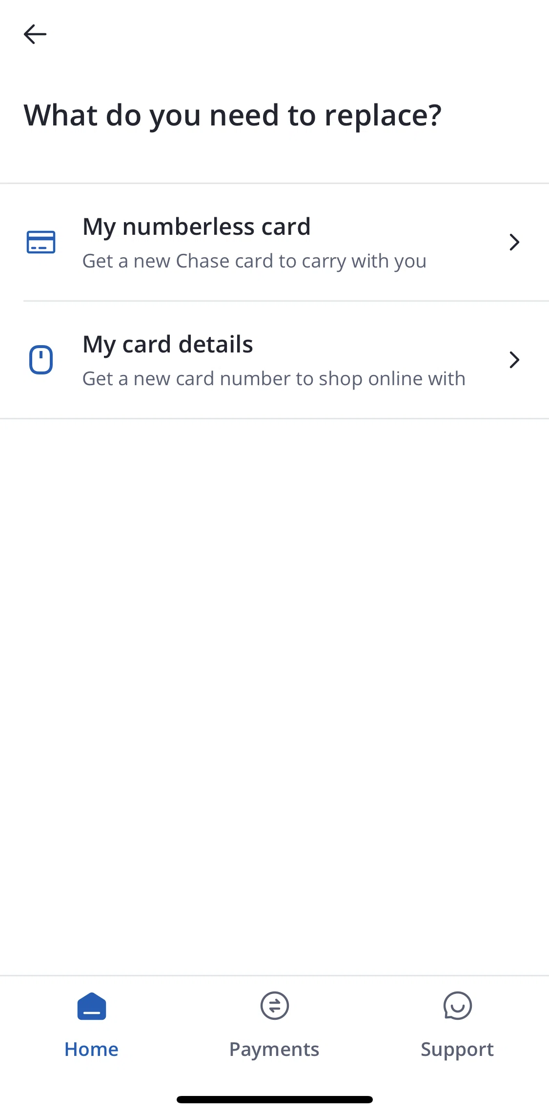 Chase UK Screen screen in the Replacing card details flow
