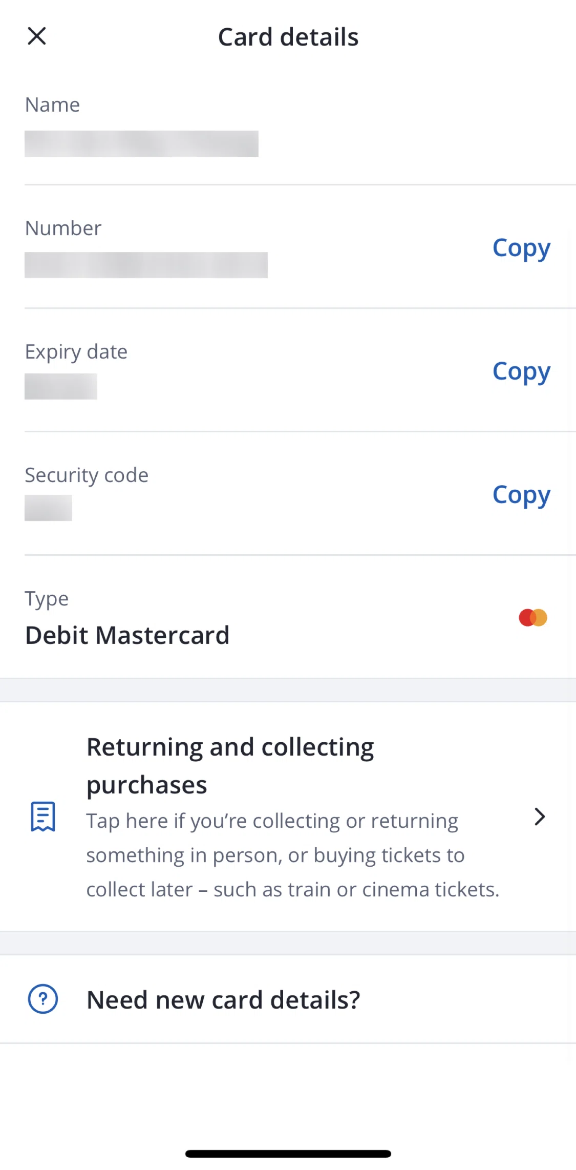 Chase UK Screen screen in the Return and collect purchases flow