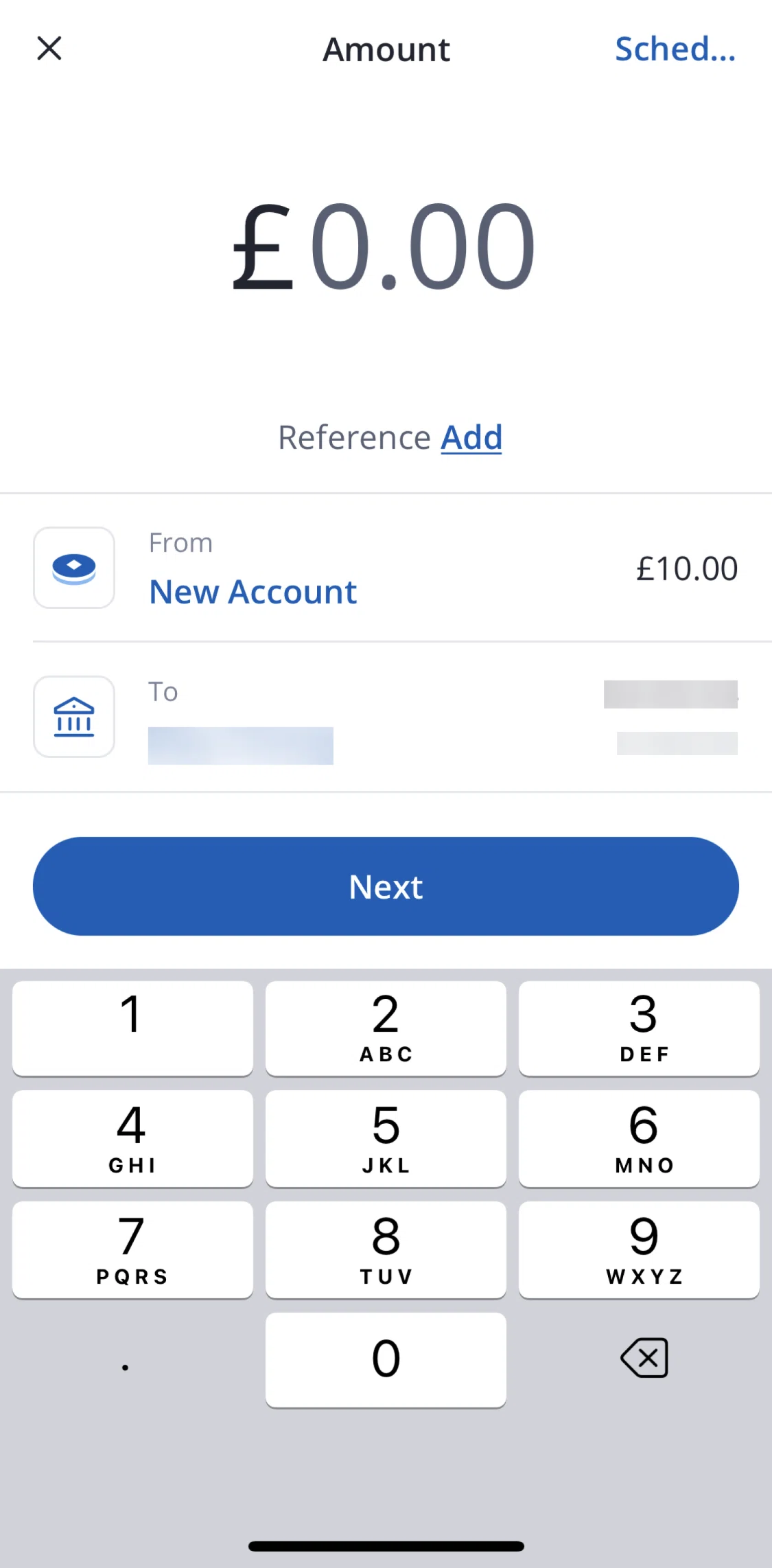 Chase UK Screen screen in the Scheduling a payment flow