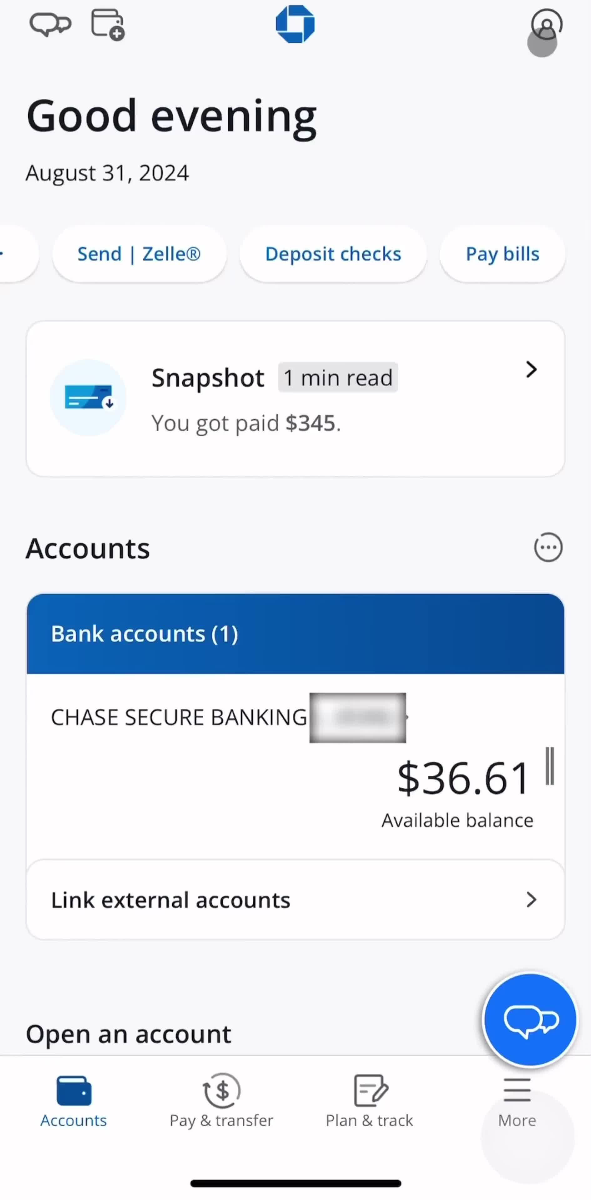 Chase Accounts screen in the Account Settings flow