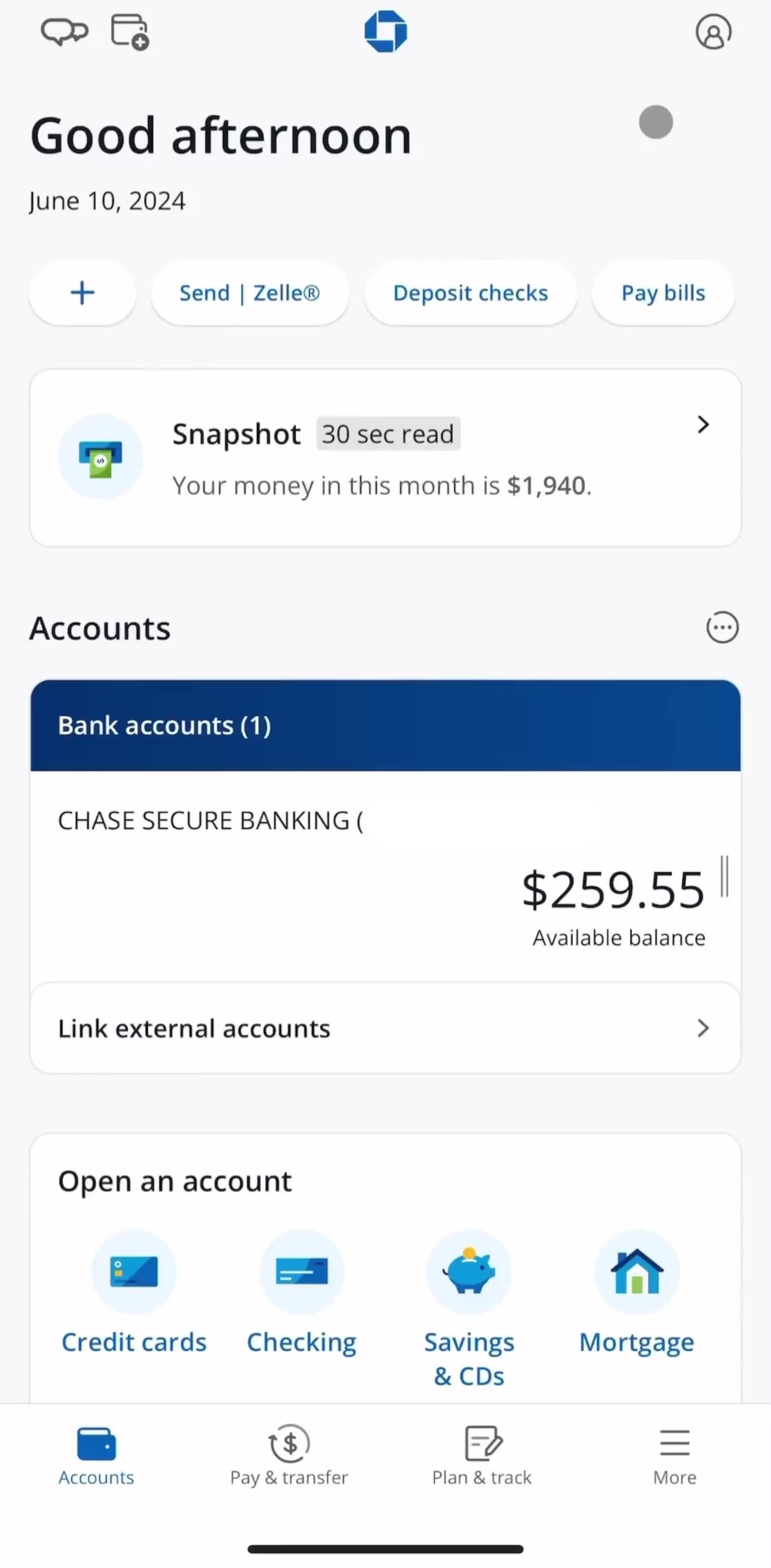 Chase Accounts screen in the Alerts History flow